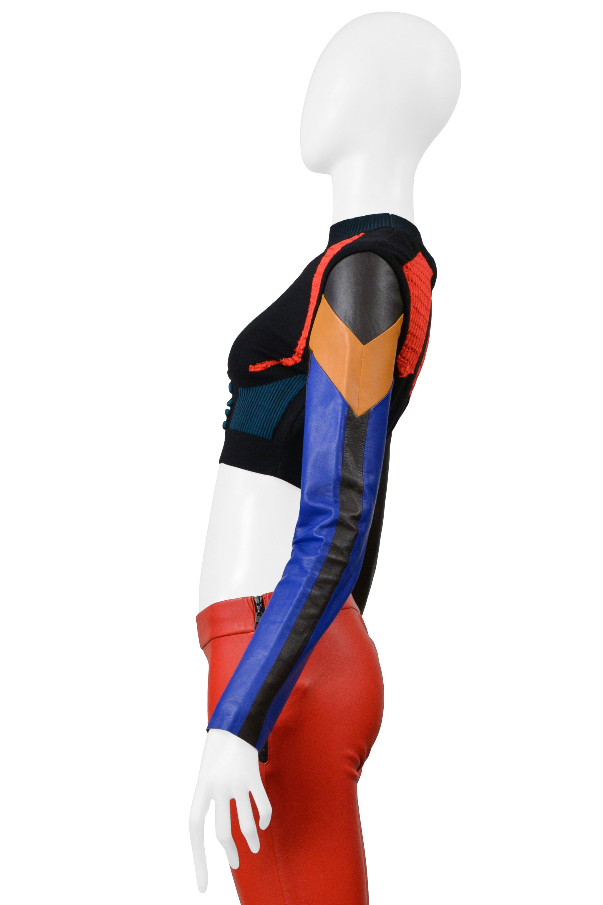 LOUIS VUITTON BY NICOLAS GHESQUIERE MULTICOLOR KNIT CROP SWEATER AND RED LEATHER PANTS 2016