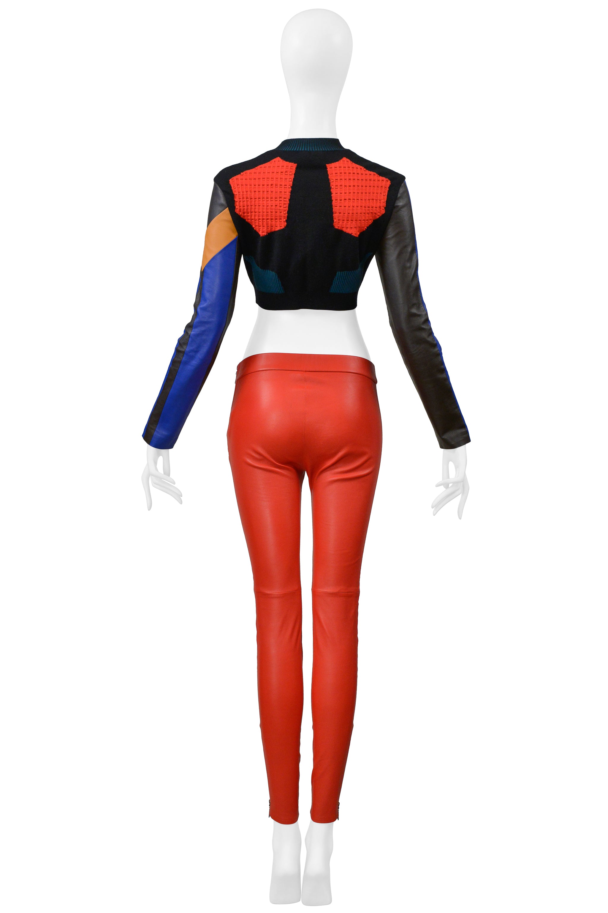LOUIS VUITTON BY NICOLAS GHESQUIERE MULTICOLOR KNIT CROP SWEATER AND RED LEATHER PANTS 2016