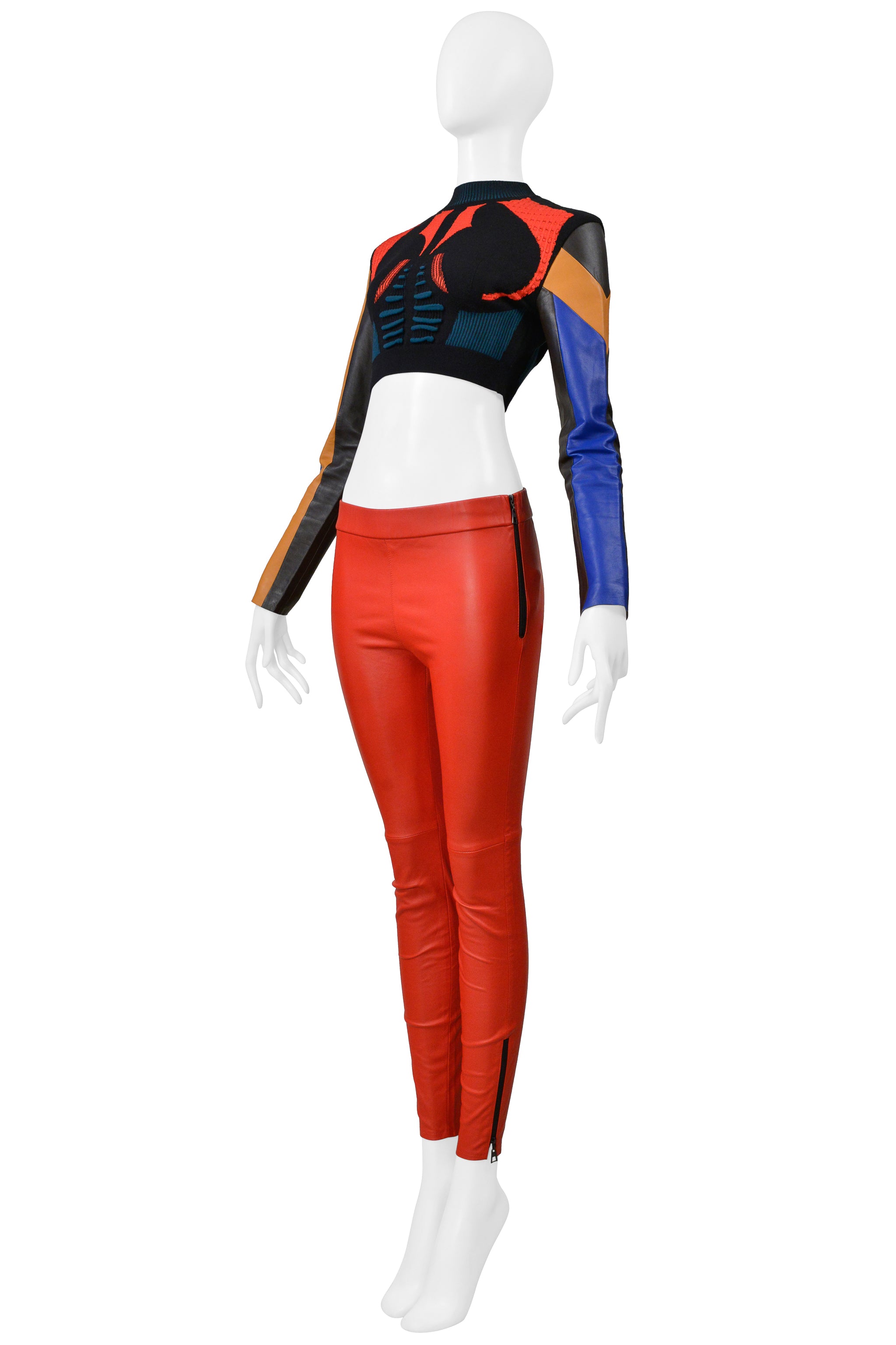 LOUIS VUITTON BY NICOLAS GHESQUIERE MULTICOLOR KNIT CROP SWEATER AND RED LEATHER PANTS 2016