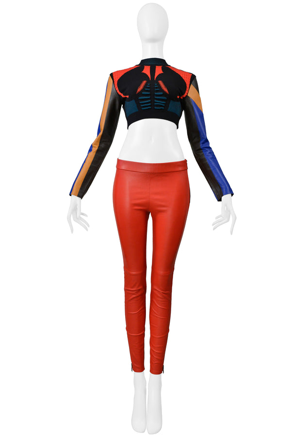 LOUIS VUITTON BY NICOLAS GHESQUIERE MULTICOLOR KNIT CROP SWEATER AND RED LEATHER PANTS 2016