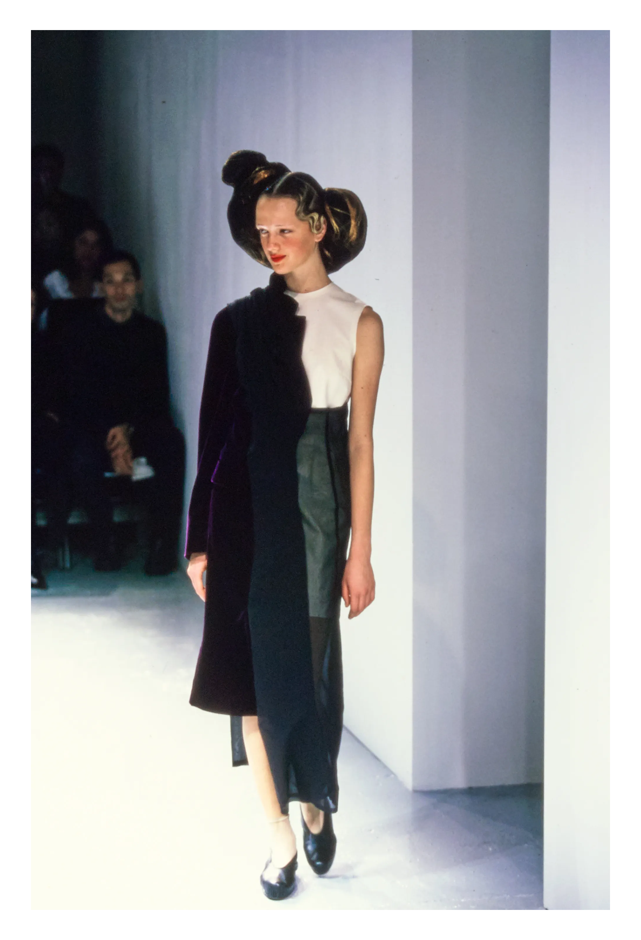 COMME DES GARCONS BLACK HALF DRESS WITH BROWN VELVET PANELS 1998