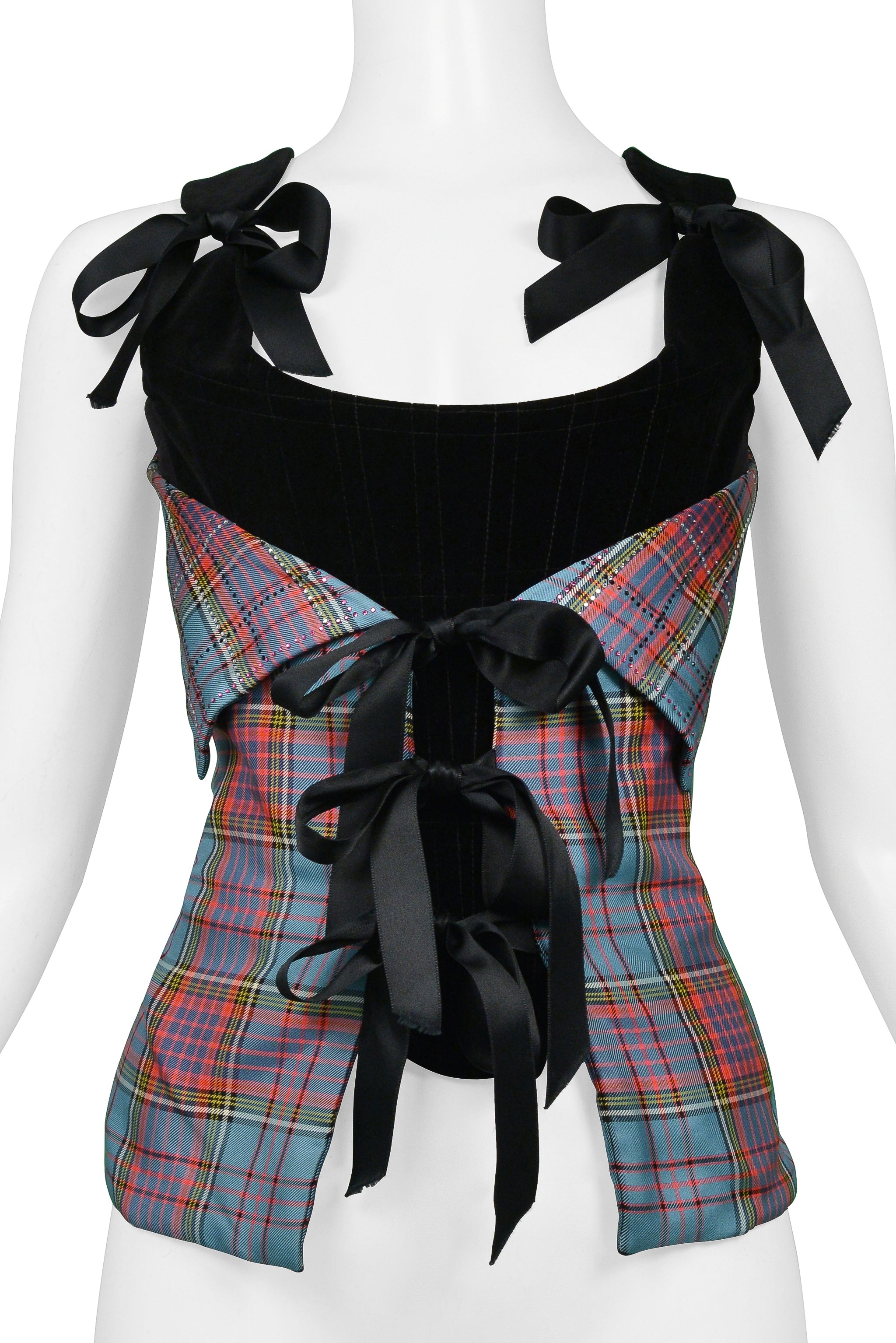 VIVIENNE WESTWOOD BLACK VELVET CORSET WITH MACANDREAS PLAID & RHINESTONE OVERLAY 1993