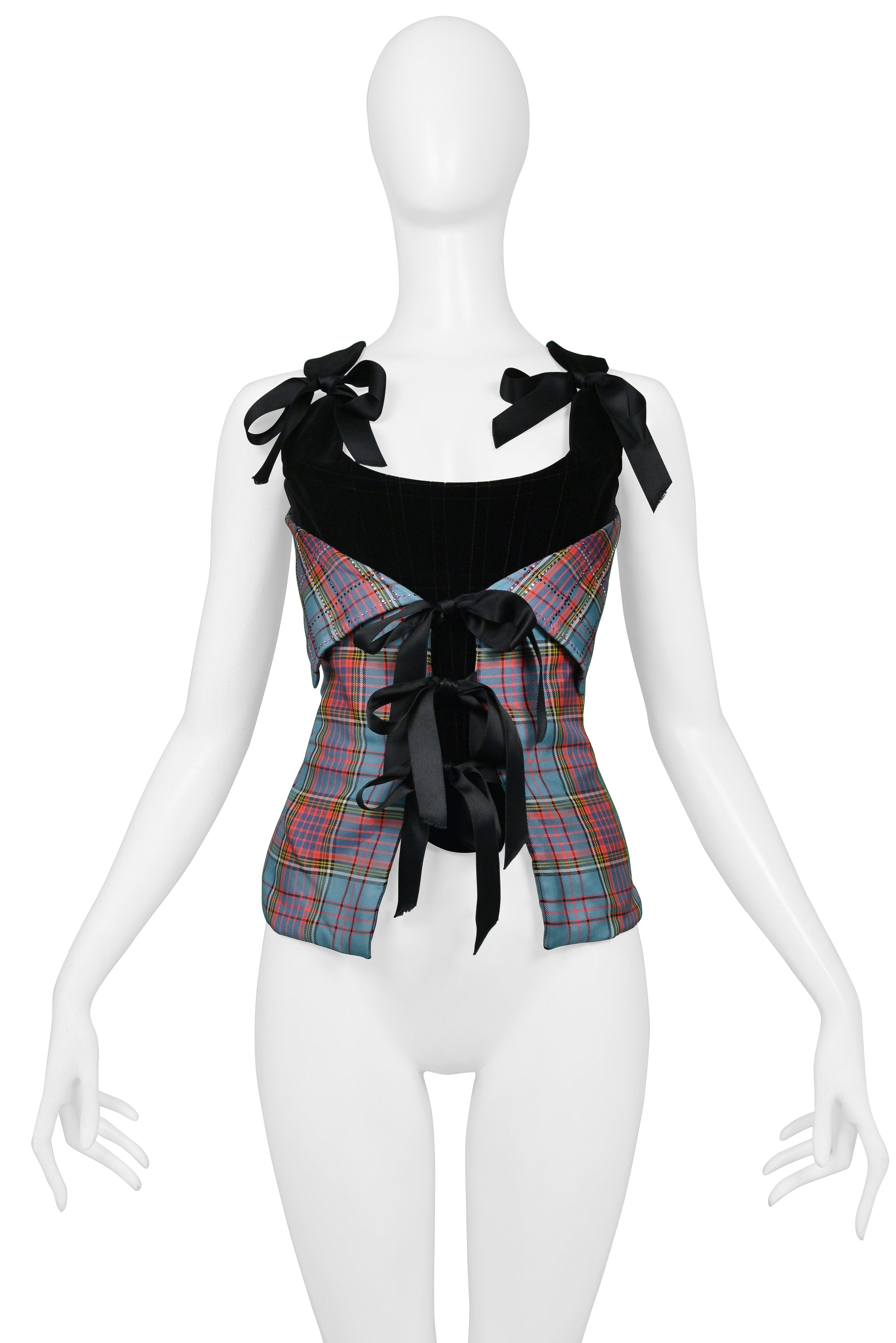 VIVIENNE WESTWOOD BLACK VELVET CORSET WITH MACANDREAS PLAID & RHINESTONE OVERLAY 1993