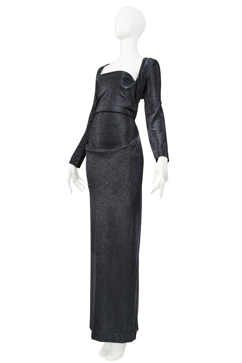 VIVIENNE WESTWOOD BLACK METALLIC LUREX EVENING GOWN WITH DRAPING