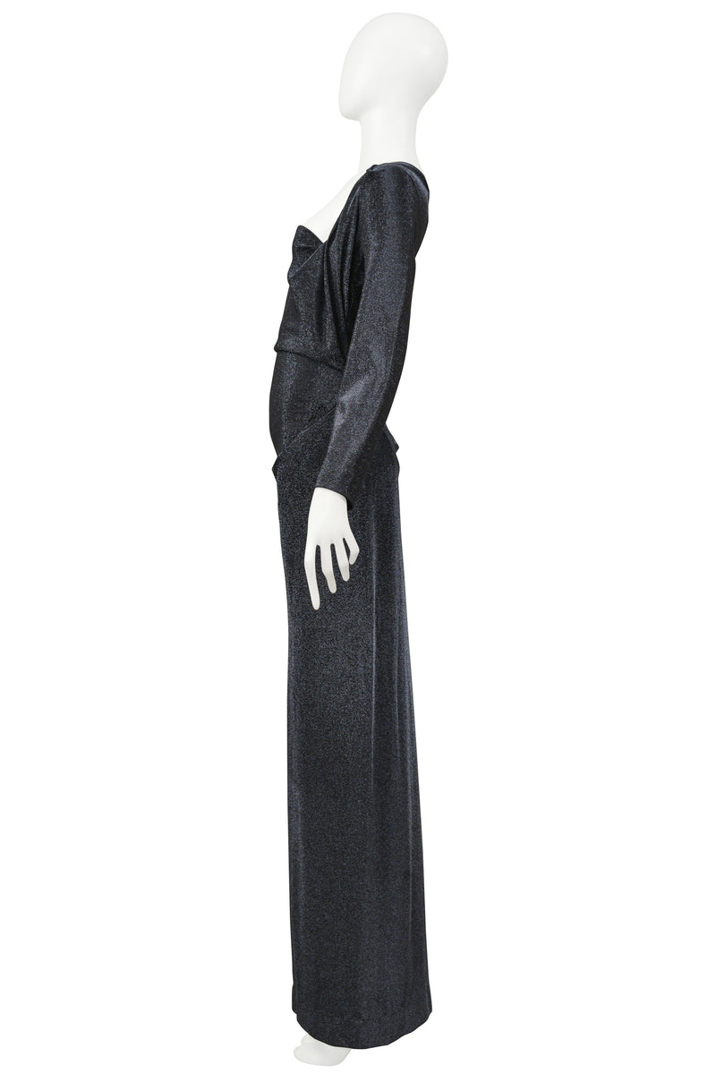 VIVIENNE WESTWOOD BLACK METALLIC LUREX EVENING GOWN WITH DRAPING