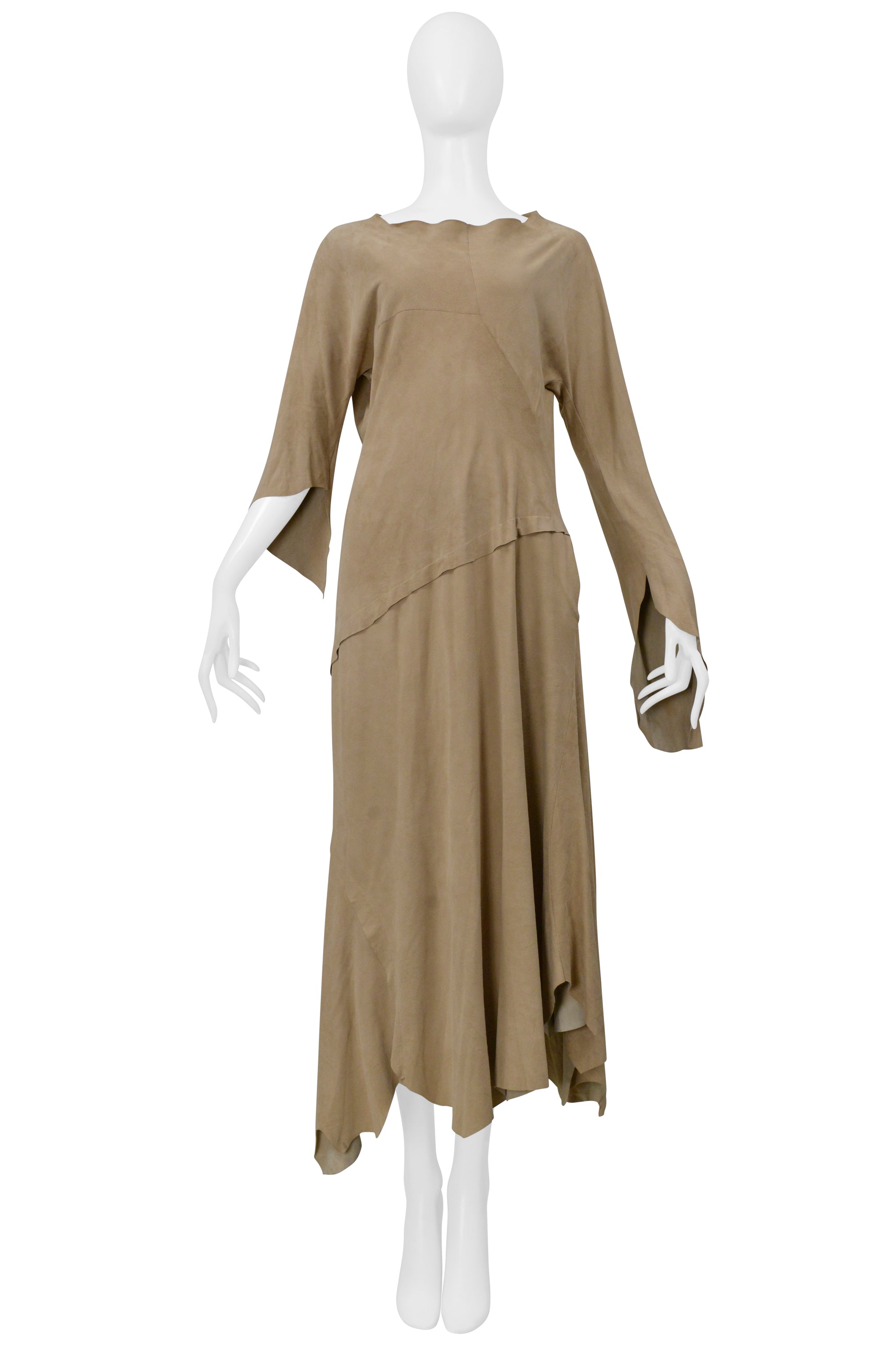 YOHJI YAMAMOTO BEIGE SUEDE DRESS WITH RAW HEM AND ASYMMETRICAL SLEEVES 2000-2001
