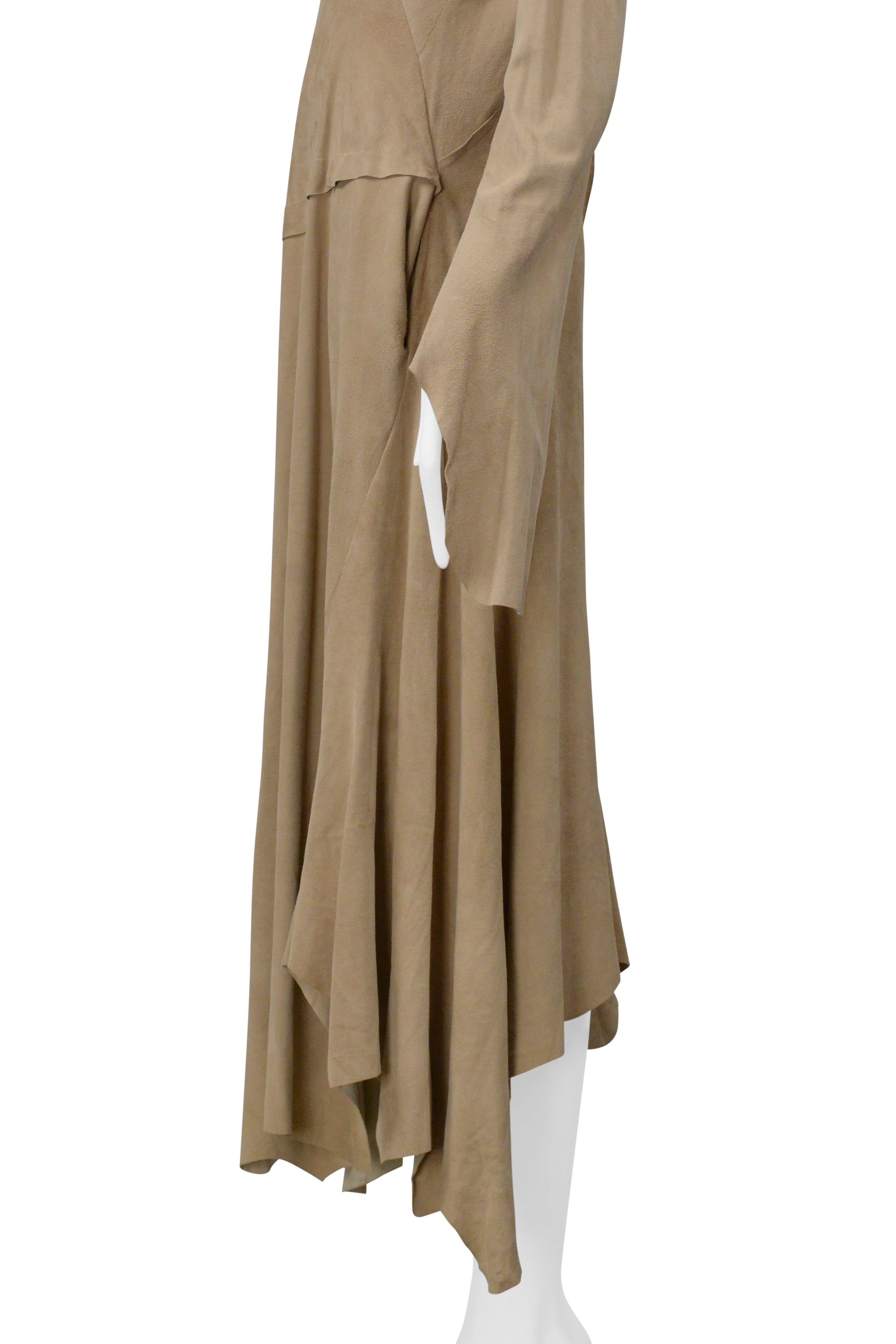 YOHJI YAMAMOTO BEIGE SUEDE DRESS WITH RAW HEM AND ASYMMETRICAL SLEEVES 2000-2001
