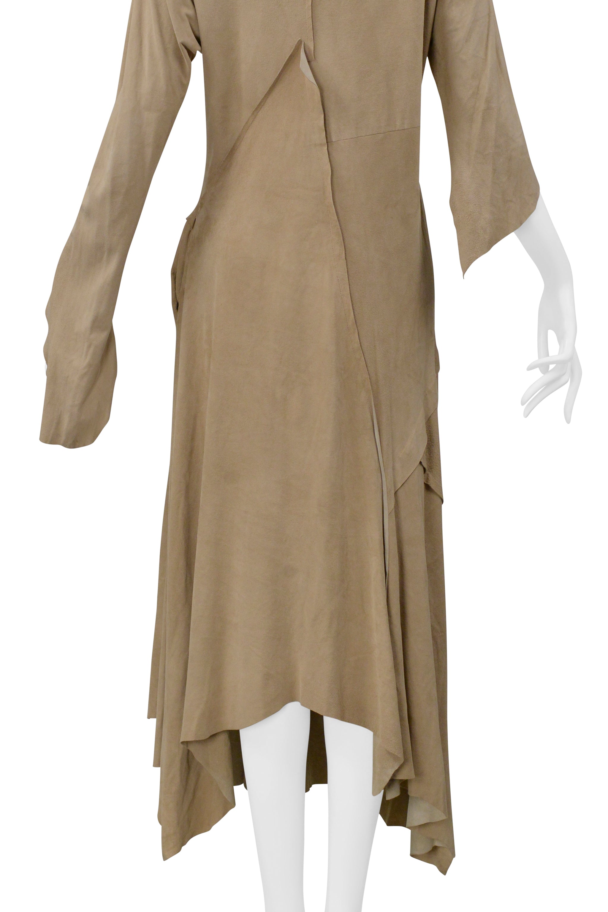 YOHJI YAMAMOTO BEIGE SUEDE DRESS WITH RAW HEM AND ASYMMETRICAL SLEEVES 2000-2001