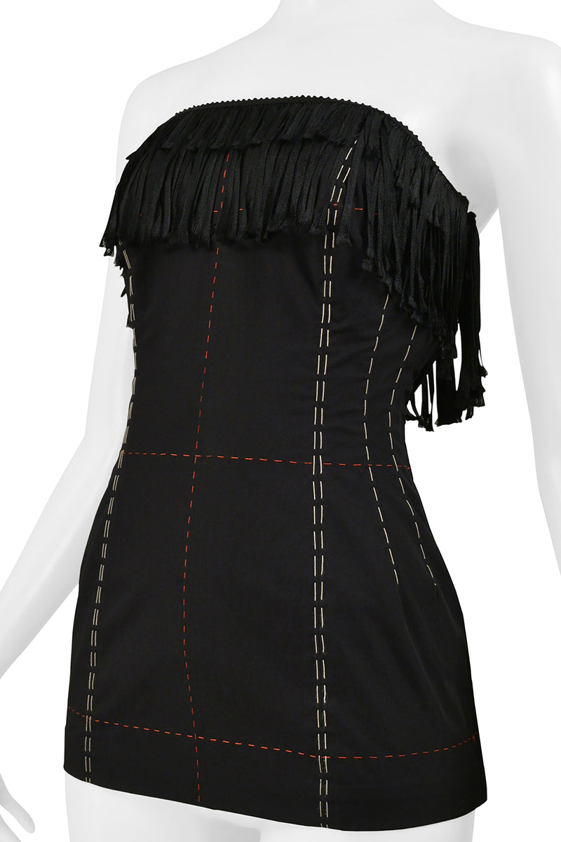 YOHJI YAMAMOTO BLACK CORSET TOP WITH FRINGE AND DECORATIVE STITCHING 2000