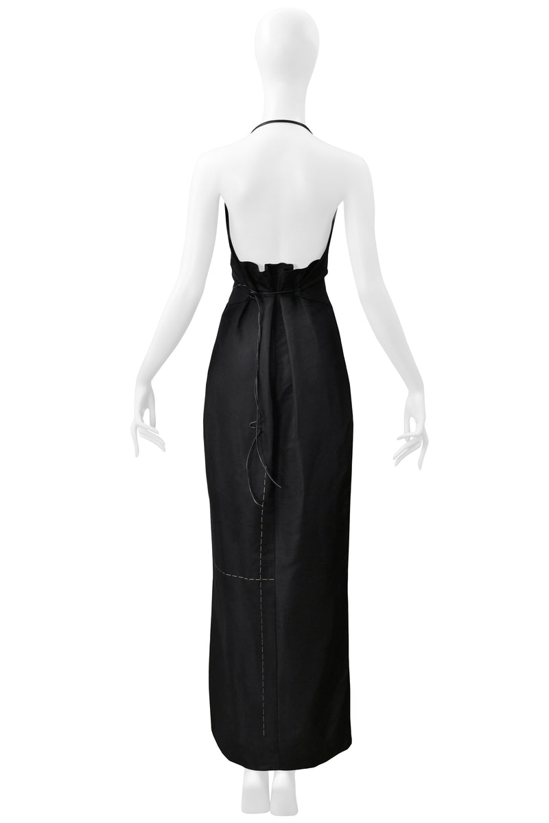 YOHJI YAMAMOTO BLACK SILK DRESS WITH CROSS AND LEATHER STRAPS 2000