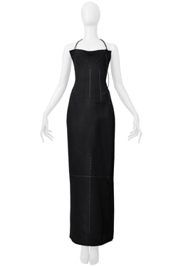 YOHJI YAMAMOTO BLACK SILK DRESS WITH CROSS AND LEATHER STRAPS 2000
