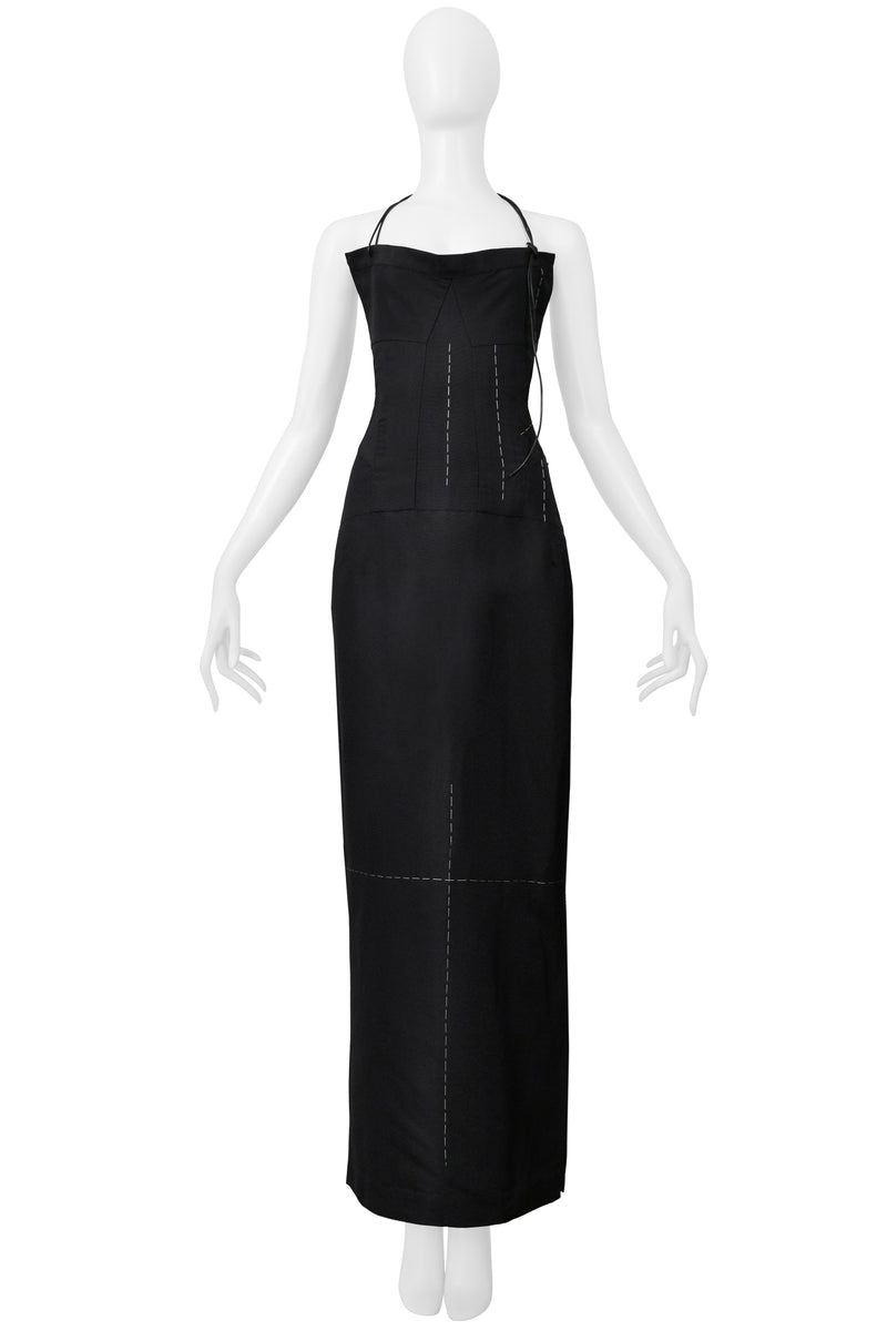 YOHJI YAMAMOTO BLACK SILK DRESS WITH CROSS AND LEATHER STRAPS 2000