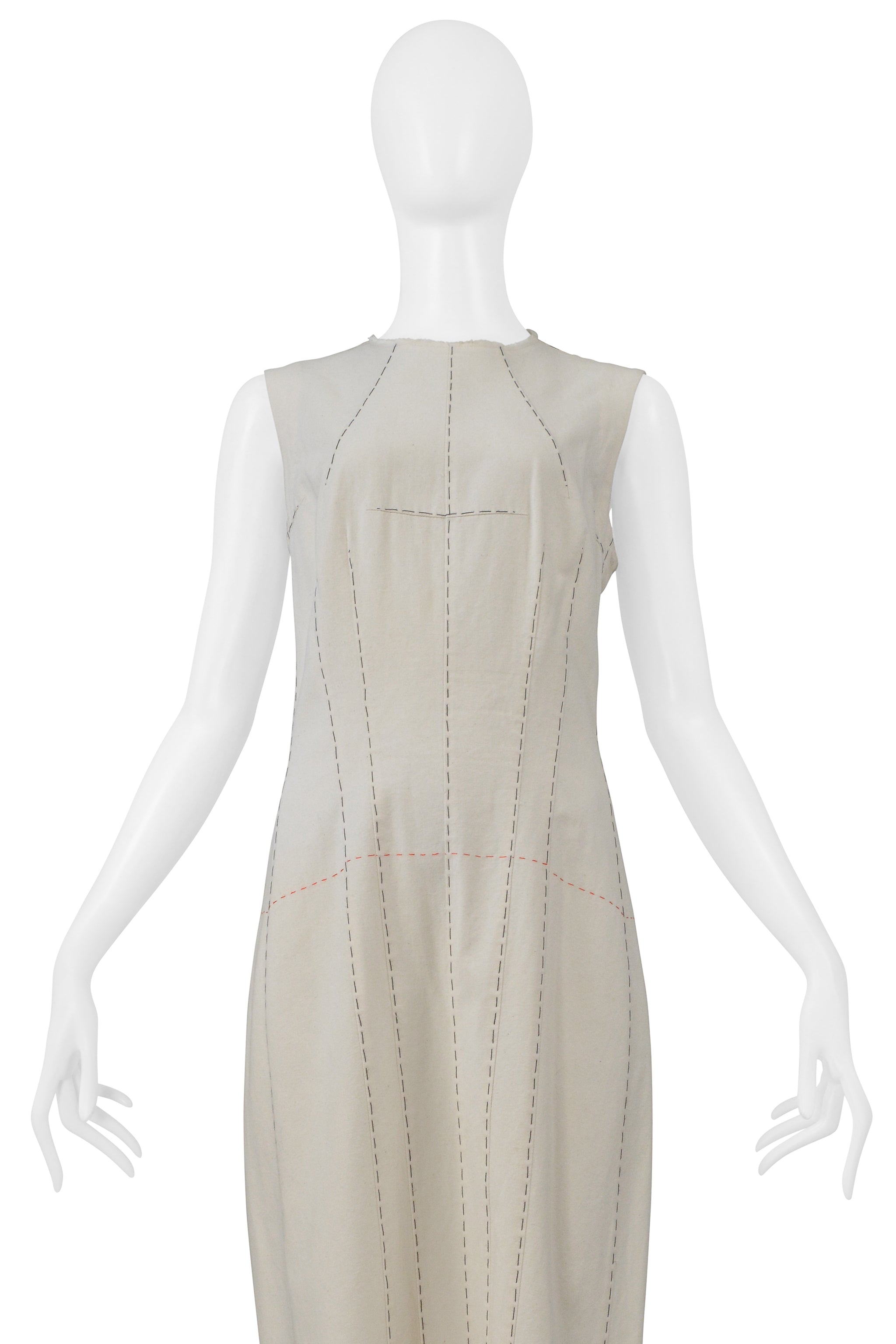 YOHJI YAMAMOTO LONG WHITE DRESS WITH CONTRAST STITCHING 2000