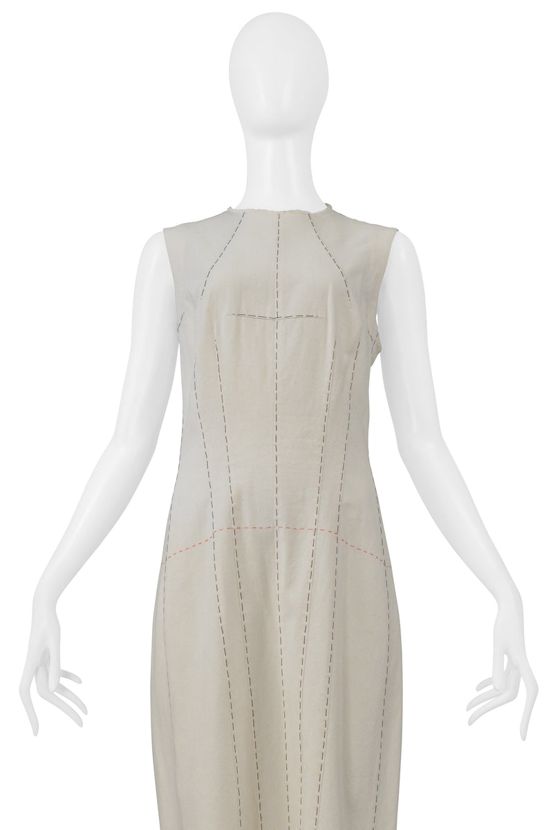 YOHJI YAMAMOTO LONG WHITE DRESS WITH CONTRAST STITCHING 2000