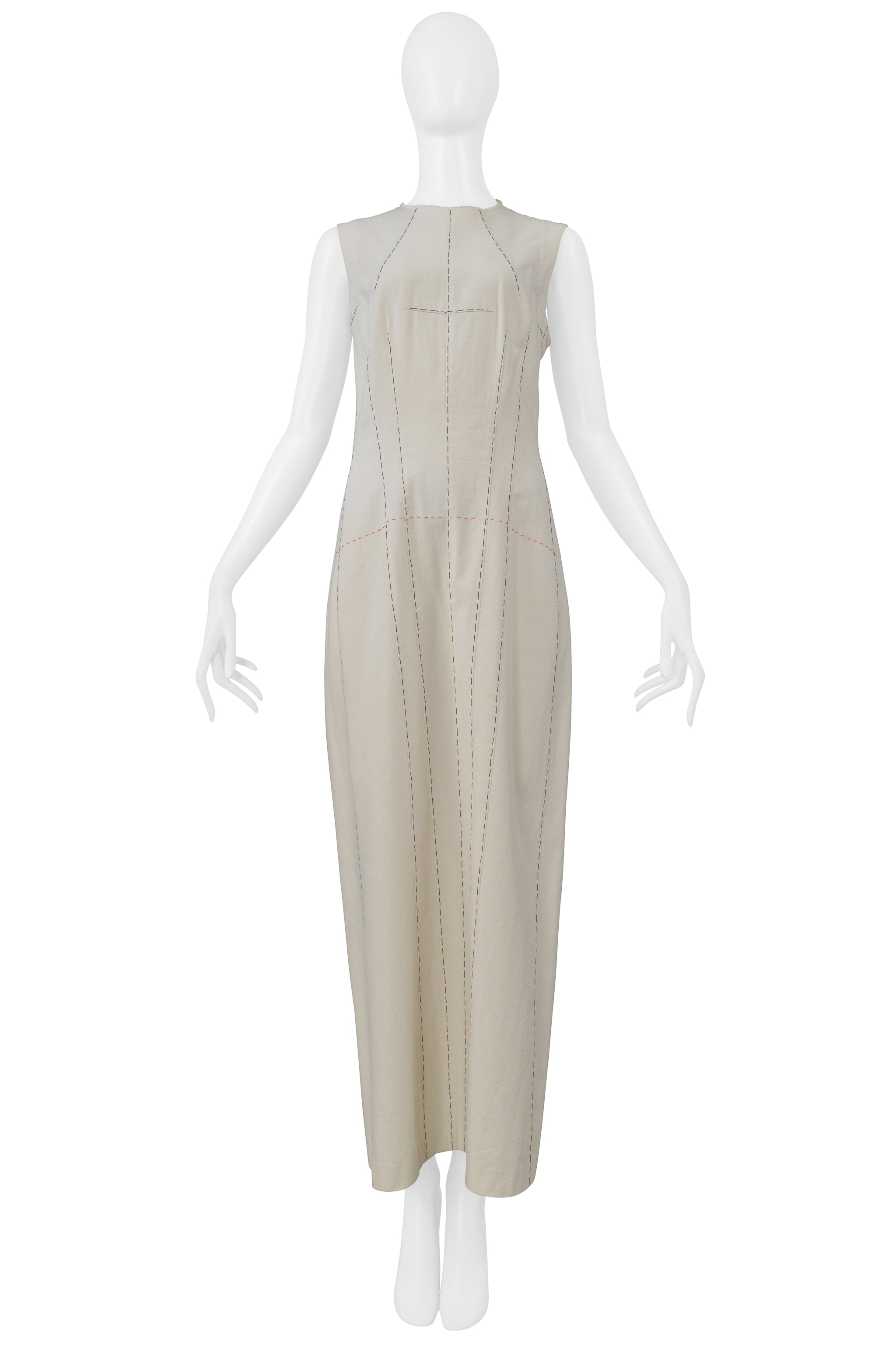 YOHJI YAMAMOTO LONG WHITE DRESS WITH CONTRAST STITCHING 2000