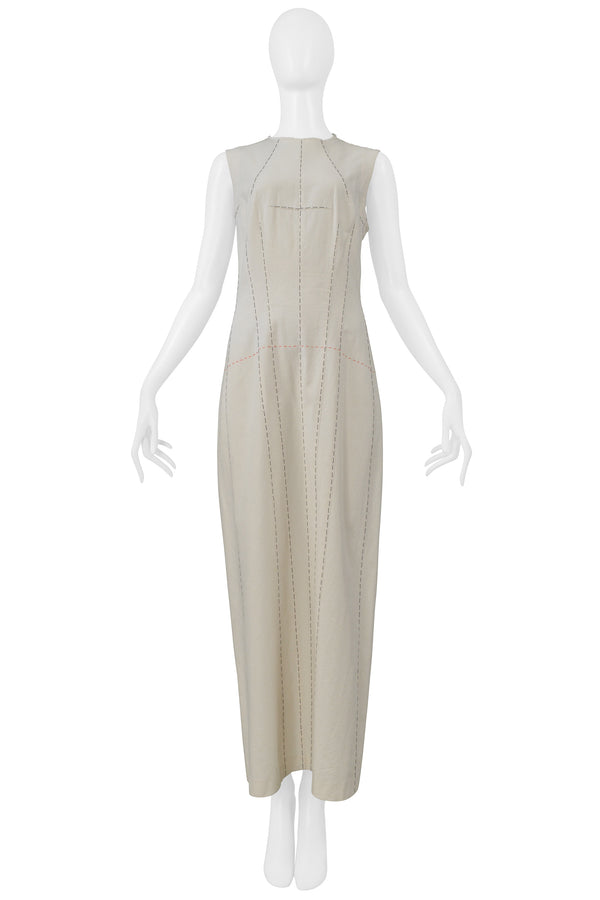 YOHJI YAMAMOTO LONG WHITE DRESS WITH CONTRAST STITCHING 2000