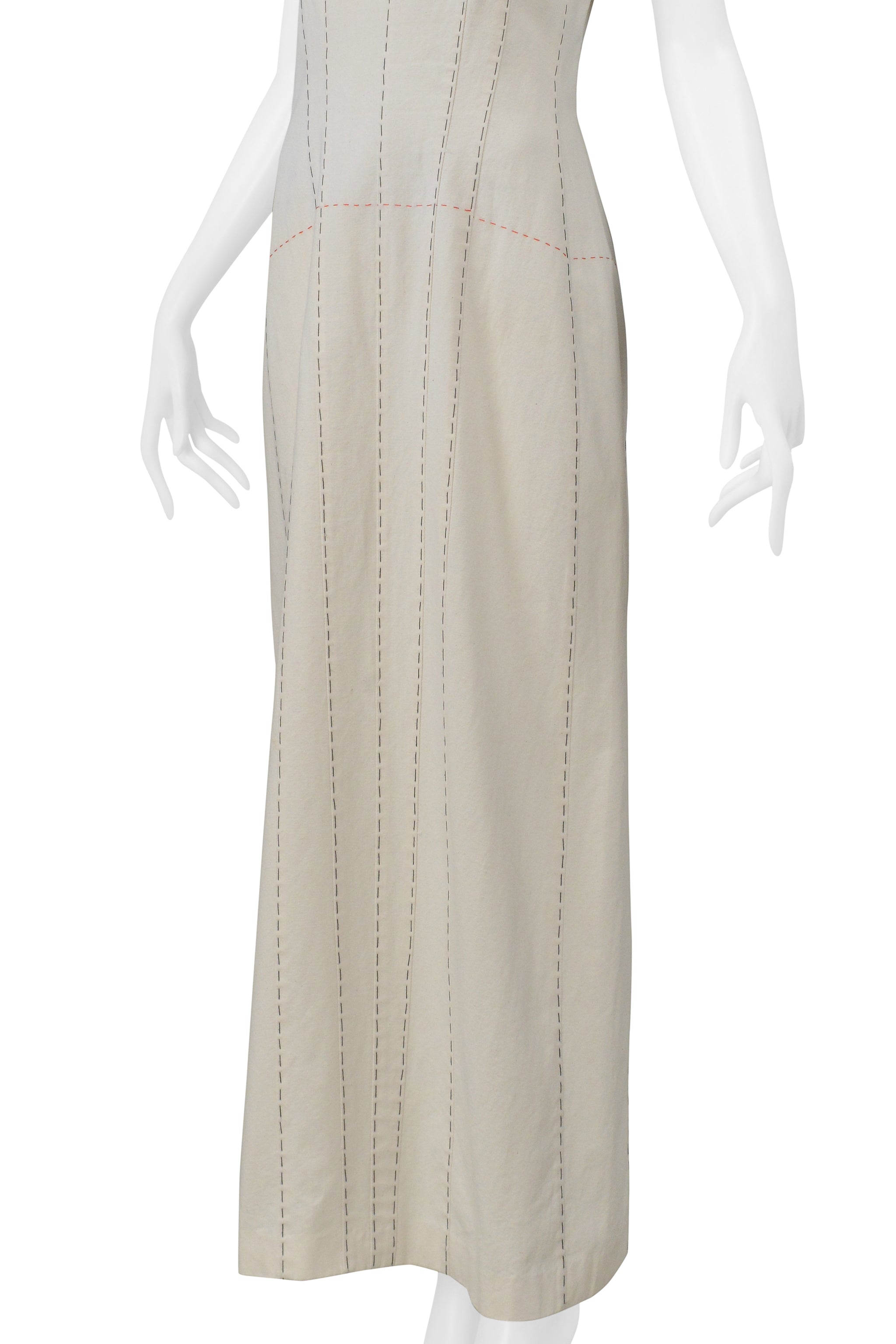 YOHJI YAMAMOTO LONG WHITE DRESS WITH CONTRAST STITCHING 2000