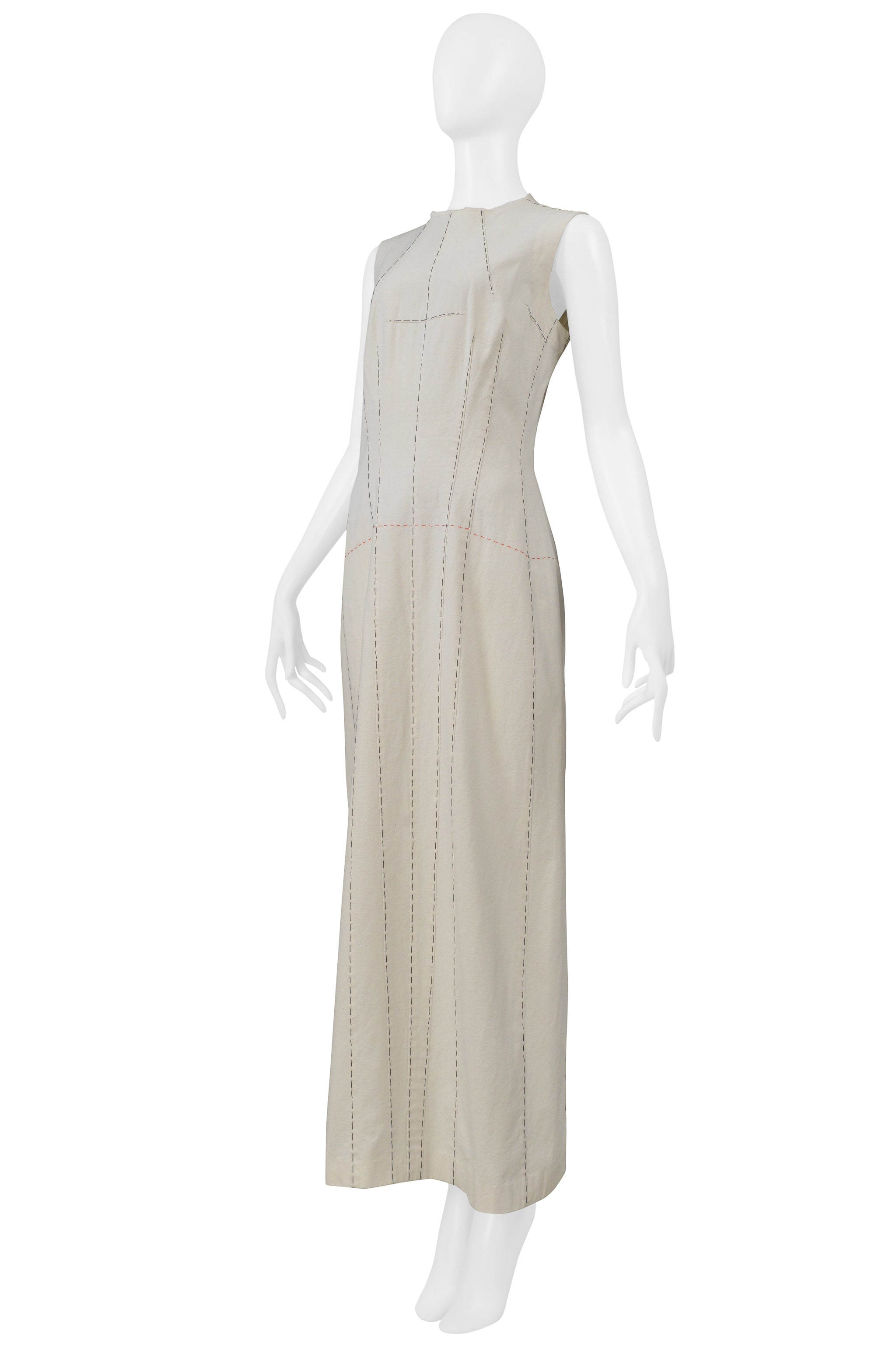 YOHJI YAMAMOTO LONG WHITE DRESS WITH CONTRAST STITCHING 2000