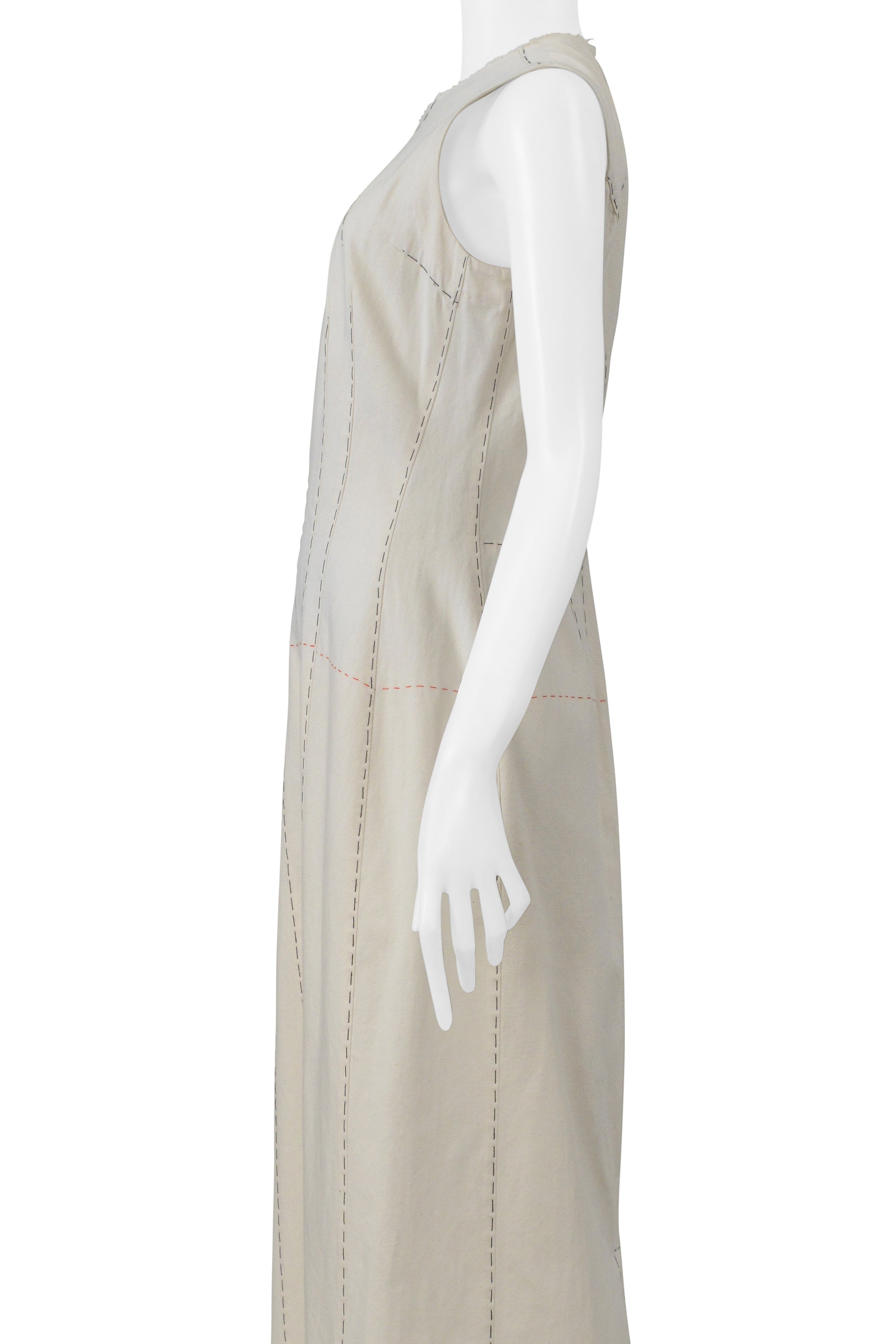 YOHJI YAMAMOTO LONG WHITE DRESS WITH CONTRAST STITCHING 2000