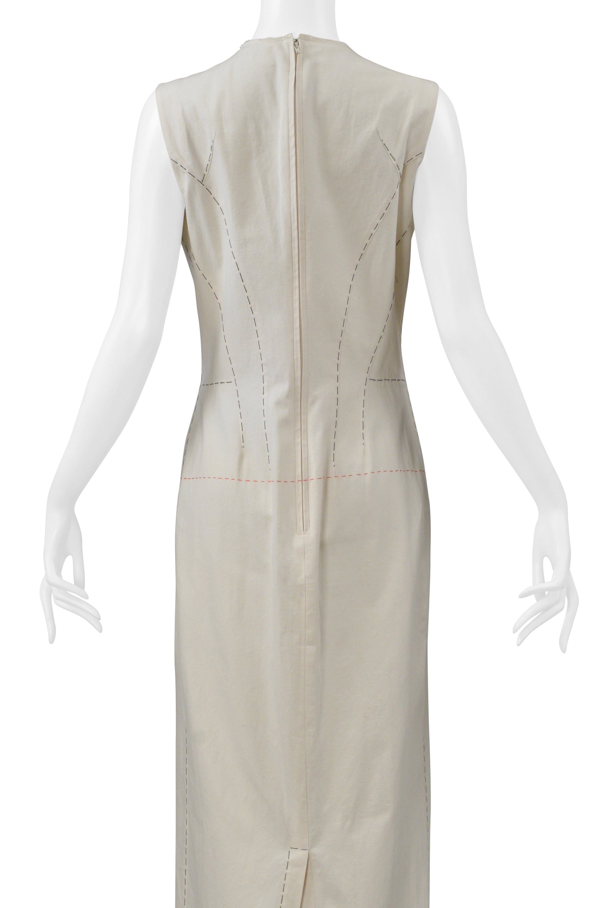 YOHJI YAMAMOTO LONG WHITE DRESS WITH CONTRAST STITCHING 2000