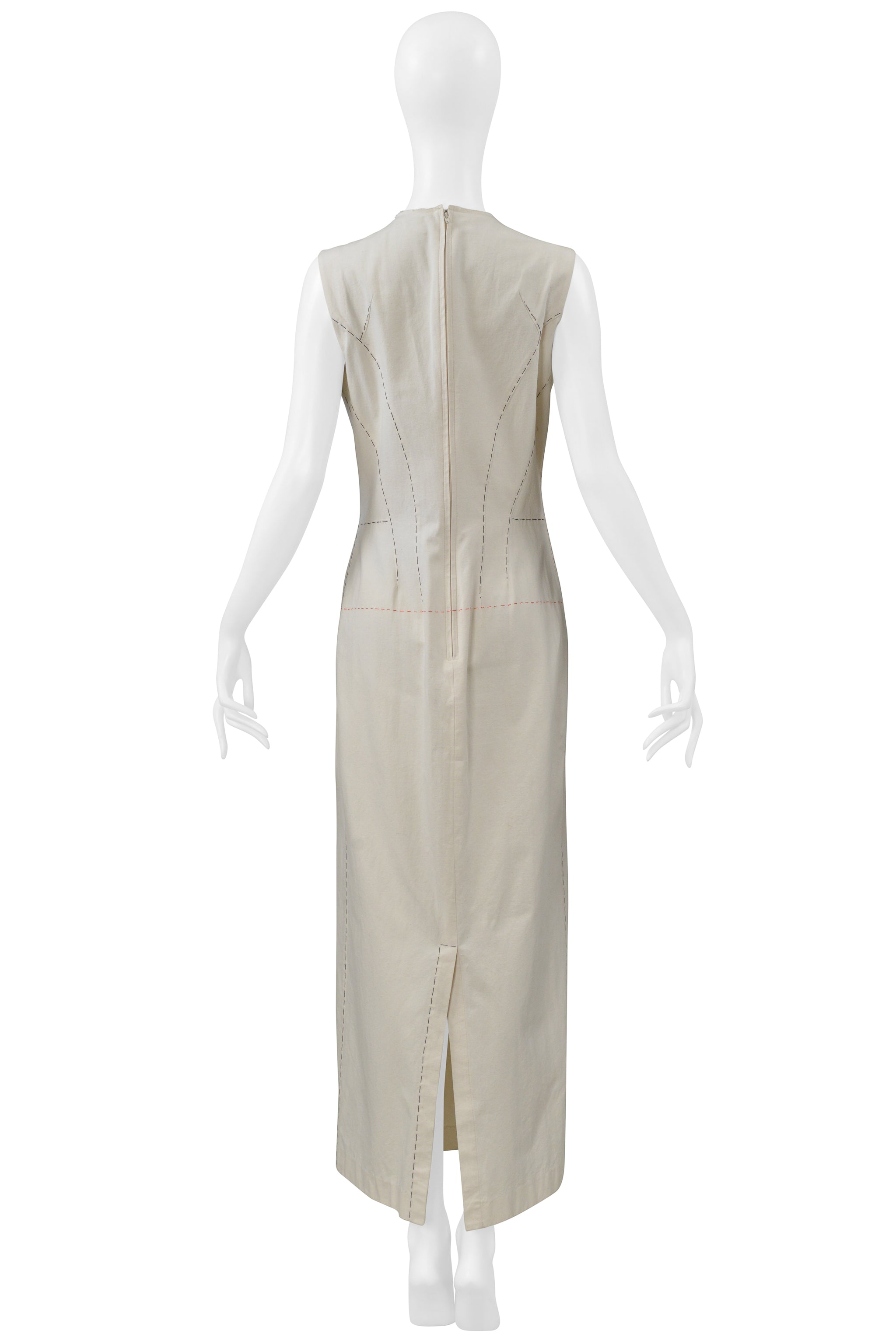 YOHJI YAMAMOTO LONG WHITE DRESS WITH CONTRAST STITCHING 2000