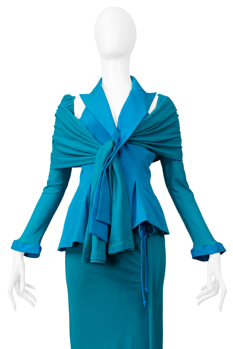 YOHJI YAMAMOTO BLUE & TEAL EVENING ENSEMBLE WITH DETACHABLE SLEEVE & SCARF 2014