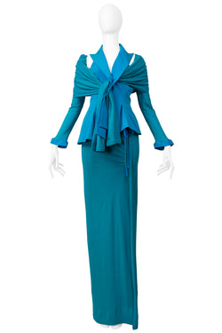 YOHJI YAMAMOTO BLUE & TEAL EVENING ENSEMBLE WITH DETACHABLE SLEEVE & SCARF 2014