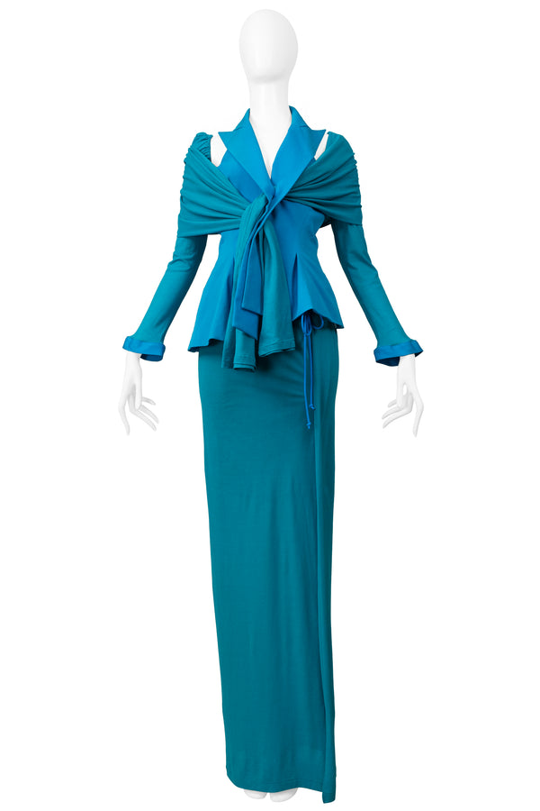 YOHJI YAMAMOTO BLUE & TEAL EVENING ENSEMBLE WITH DETACHABLE SLEEVE & SCARF 2014