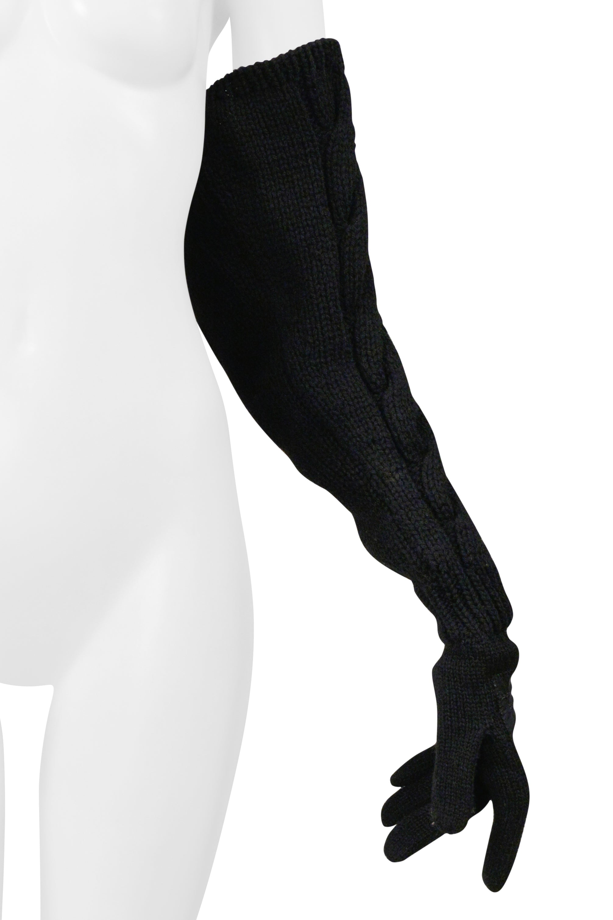 YOHJI YAMAMOTO BLACK LEATHER GLOVES WITH LONG KNIT SLEEVES