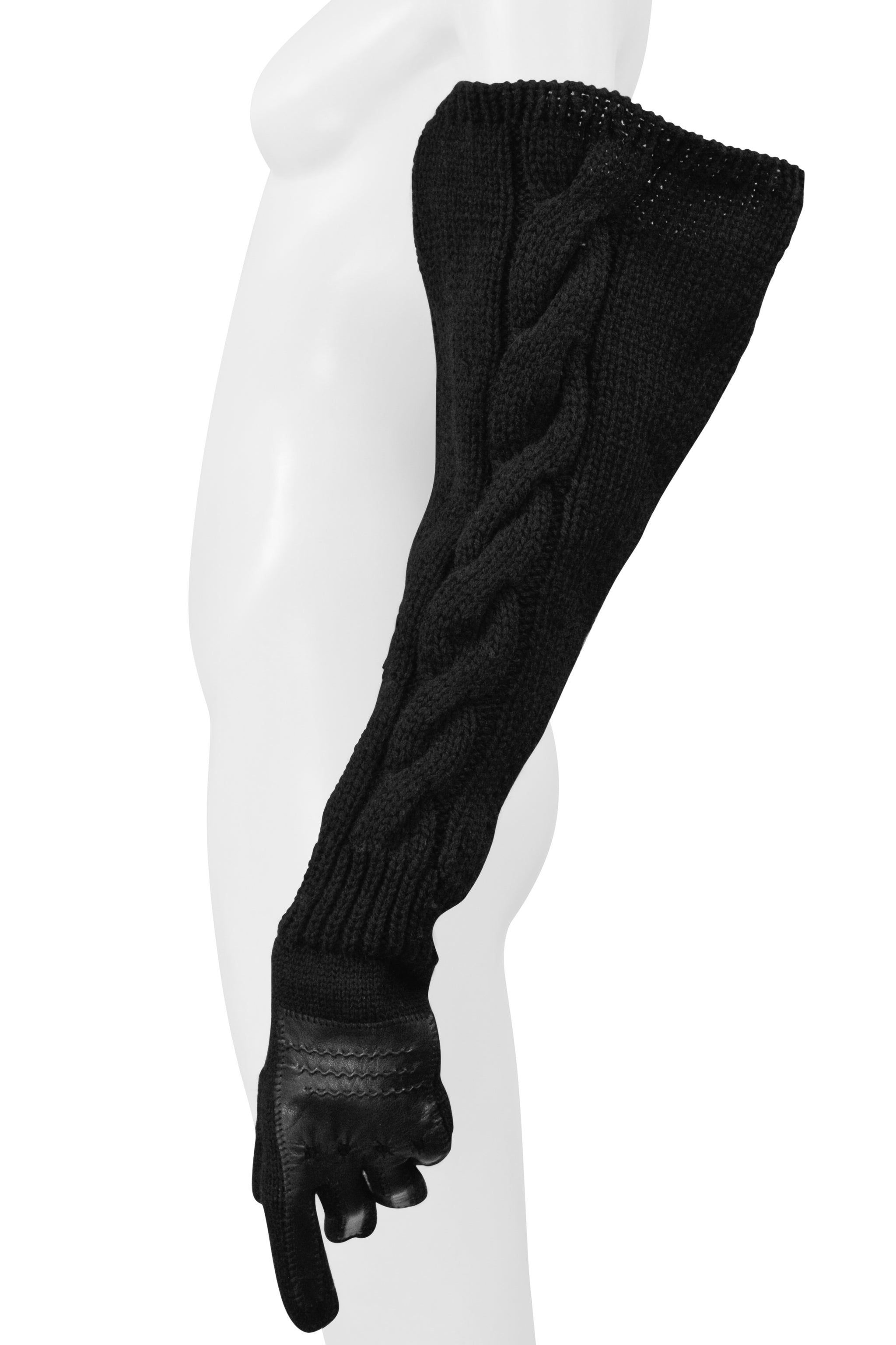 YOHJI YAMAMOTO BLACK LEATHER GLOVES WITH LONG KNIT SLEEVES