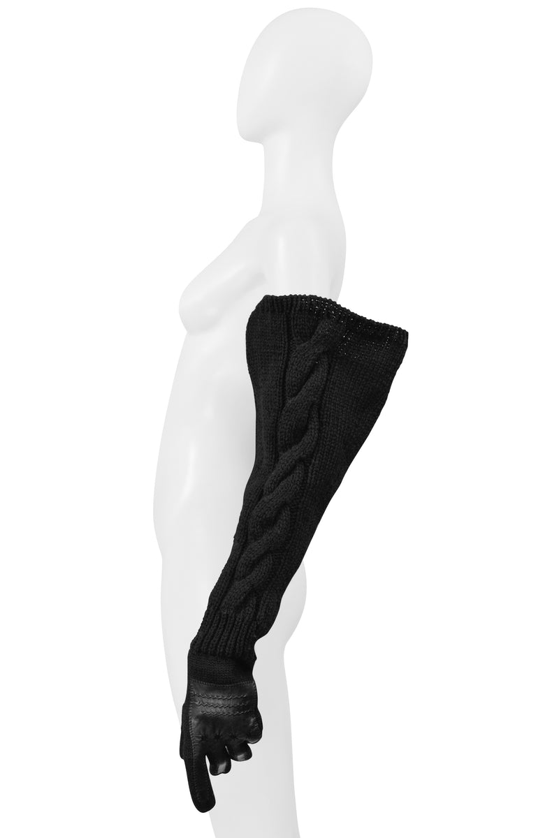 YOHJI YAMAMOTO BLACK LEATHER GLOVES WITH LONG KNIT SLEEVES