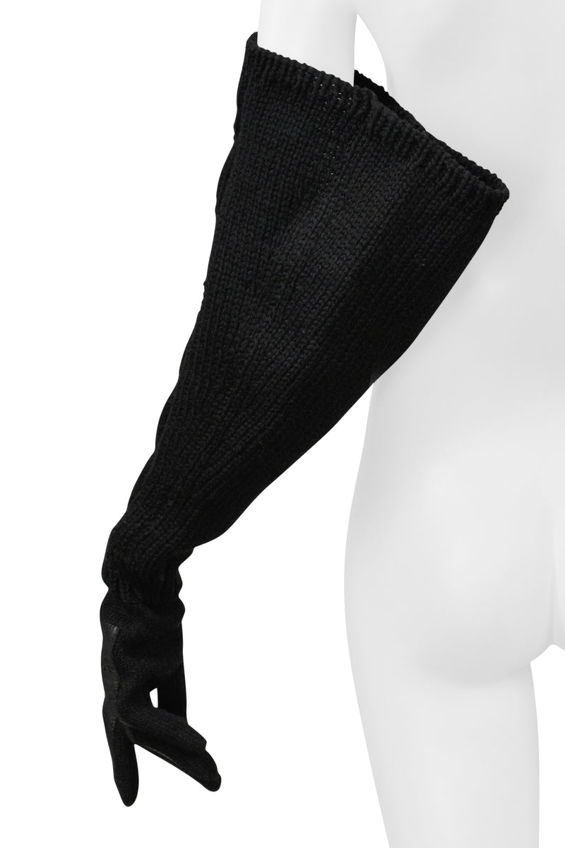 YOHJI YAMAMOTO BLACK LEATHER GLOVES WITH LONG KNIT SLEEVES