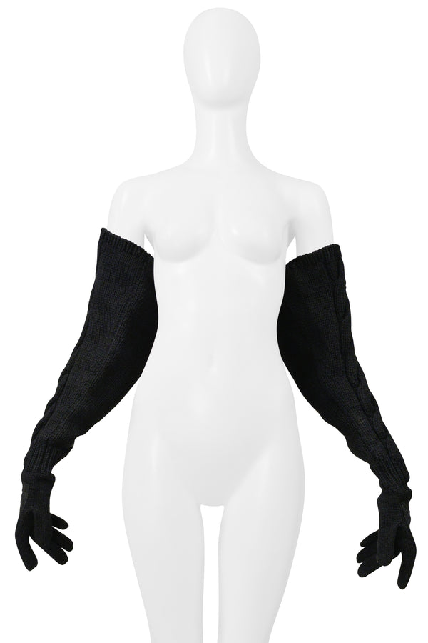 YOHJI YAMAMOTO BLACK LEATHER GLOVES WITH LONG KNIT SLEEVES