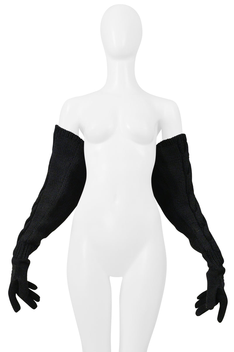 YOHJI YAMAMOTO BLACK LEATHER GLOVES WITH LONG KNIT SLEEVES