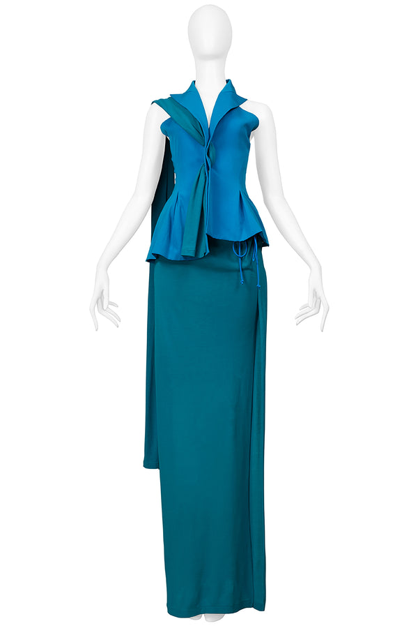 YOHJI YAMAMOTO BLUE & TEAL EVENING ENSEMBLE WITH DETACHABLE SLEEVE & SCARF