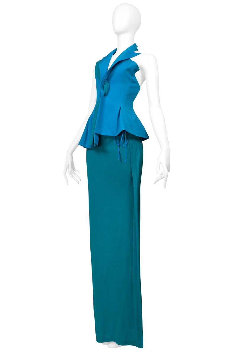 YOHJI YAMAMOTO BLUE & TEAL EVENING ENSEMBLE WITH DETACHABLE SLEEVE & SCARF 2014