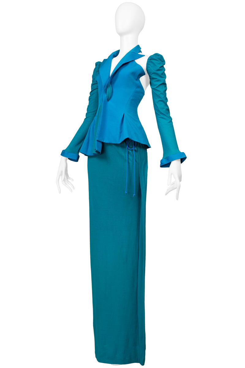 YOHJI YAMAMOTO BLUE & TEAL EVENING ENSEMBLE WITH DETACHABLE SLEEVE & SCARF 2014