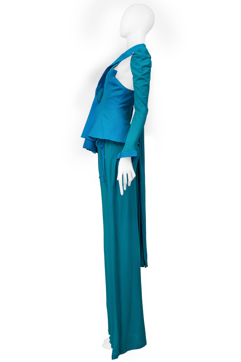 YOHJI YAMAMOTO BLUE & TEAL EVENING ENSEMBLE WITH DETACHABLE SLEEVE & SCARF 2014