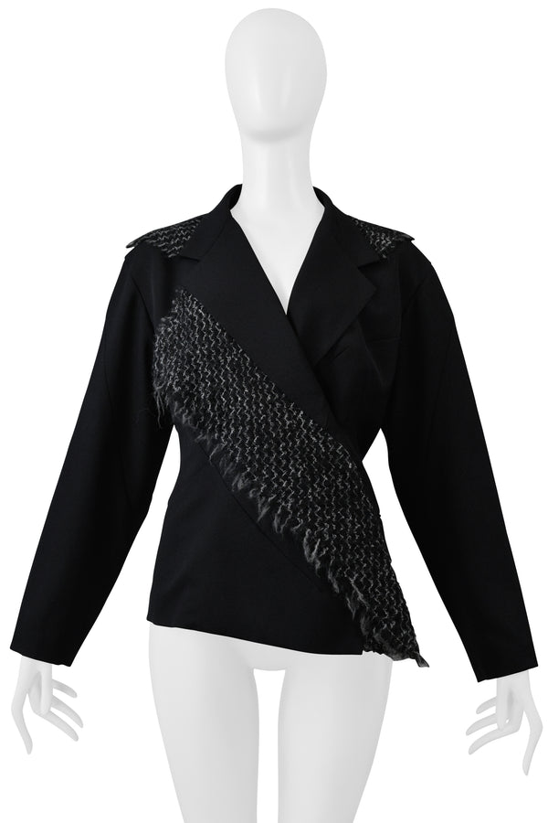 YOHJI YAMAMOTO BLACK JACKET WITH WIDE LAPEL WITH CONTRASTING WOVEN FABRIC 1995