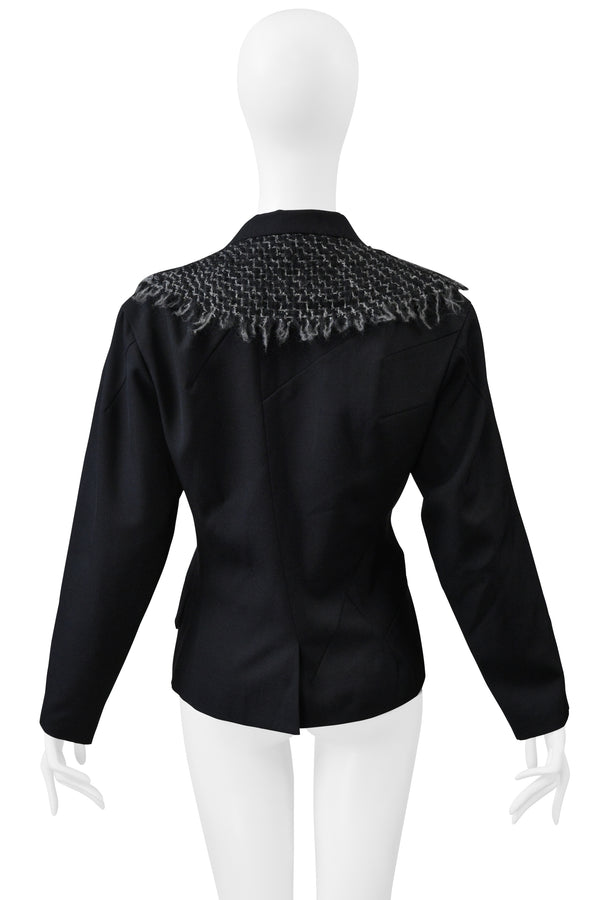 YOHJI YAMAMOTO BLACK JACKET WITH WIDE LAPEL WITH CONTRASTING WOVEN FABRIC 1995
