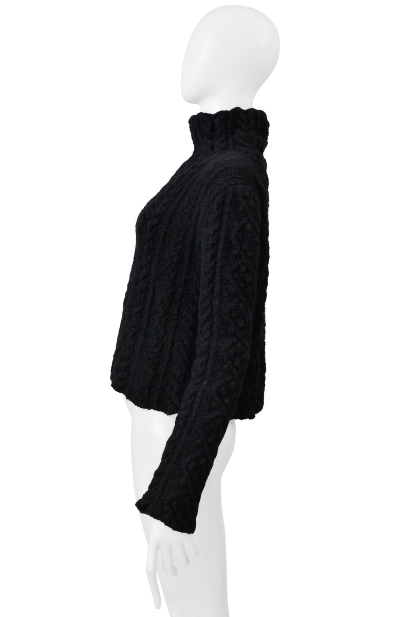 YOHJI YAMAMOTO BLACK CABLE KNIT SWEATER W HIGH COLLAR 1999-00