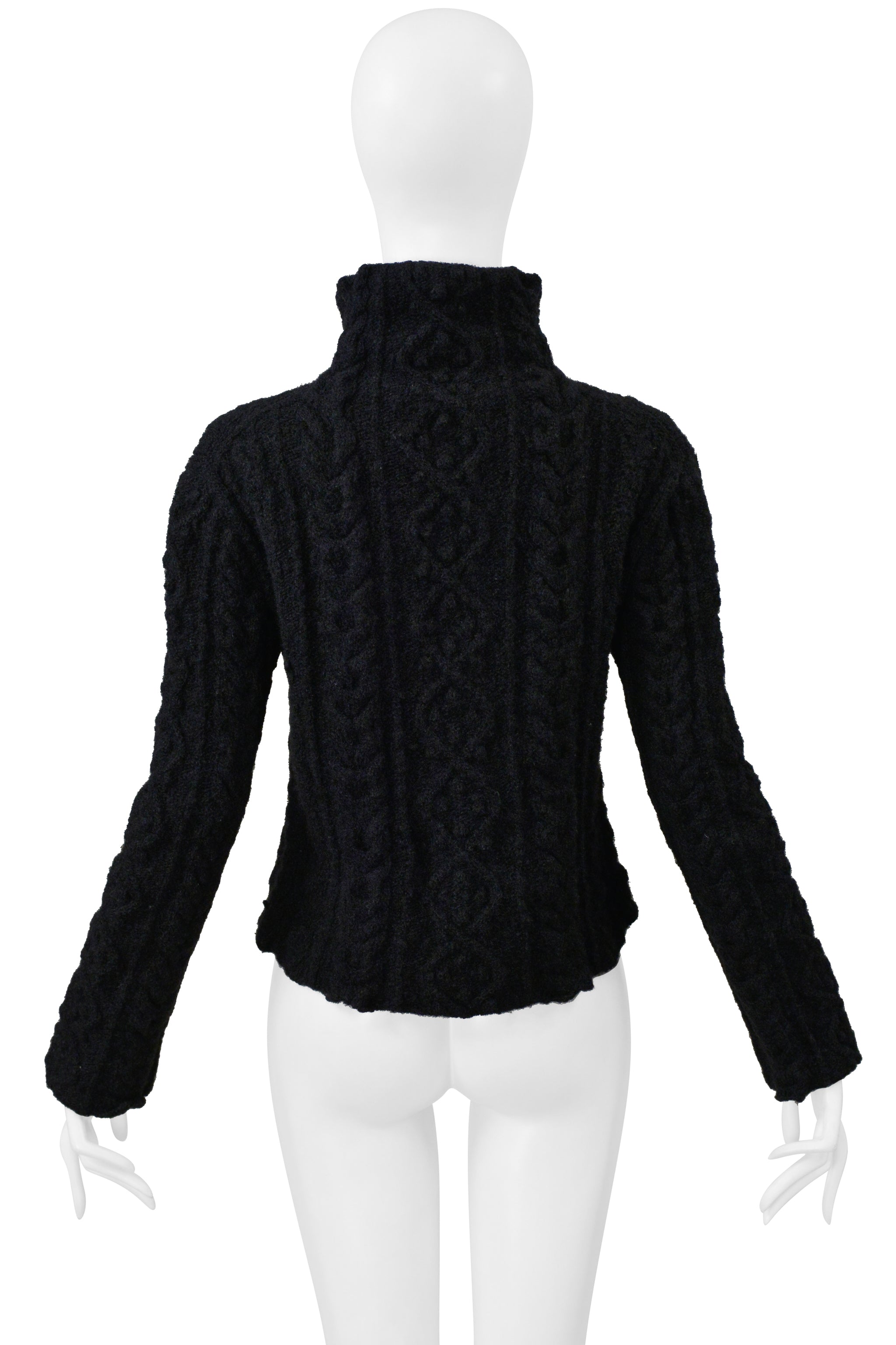 YOHJI YAMAMOTO BLACK CABLE KNIT SWEATER W HIGH COLLAR 1999-00