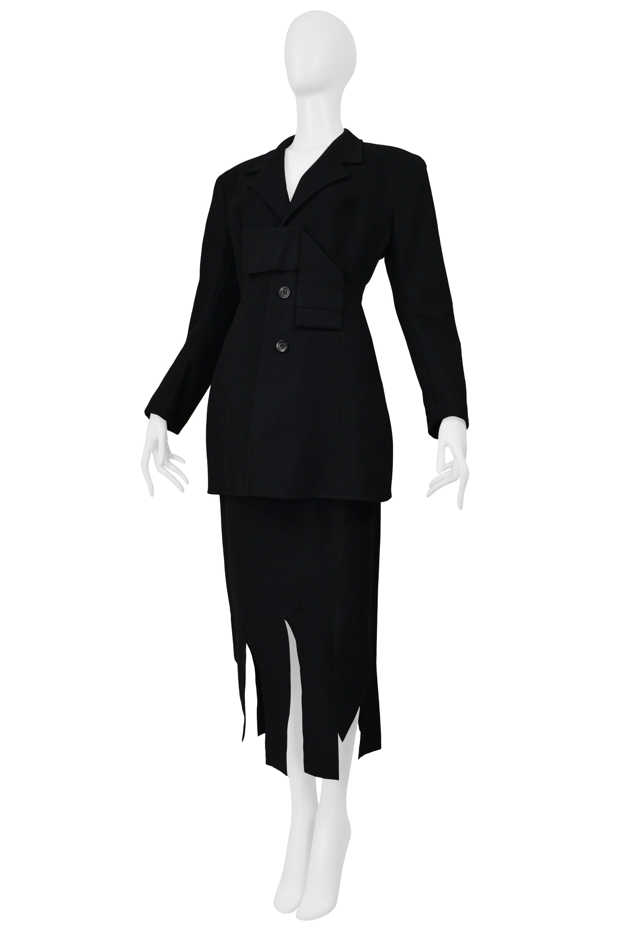 YOHJI YAMAMOTO BLACK JACKET AND SKIRT WITH FLAPS ENSEMBLE 1999