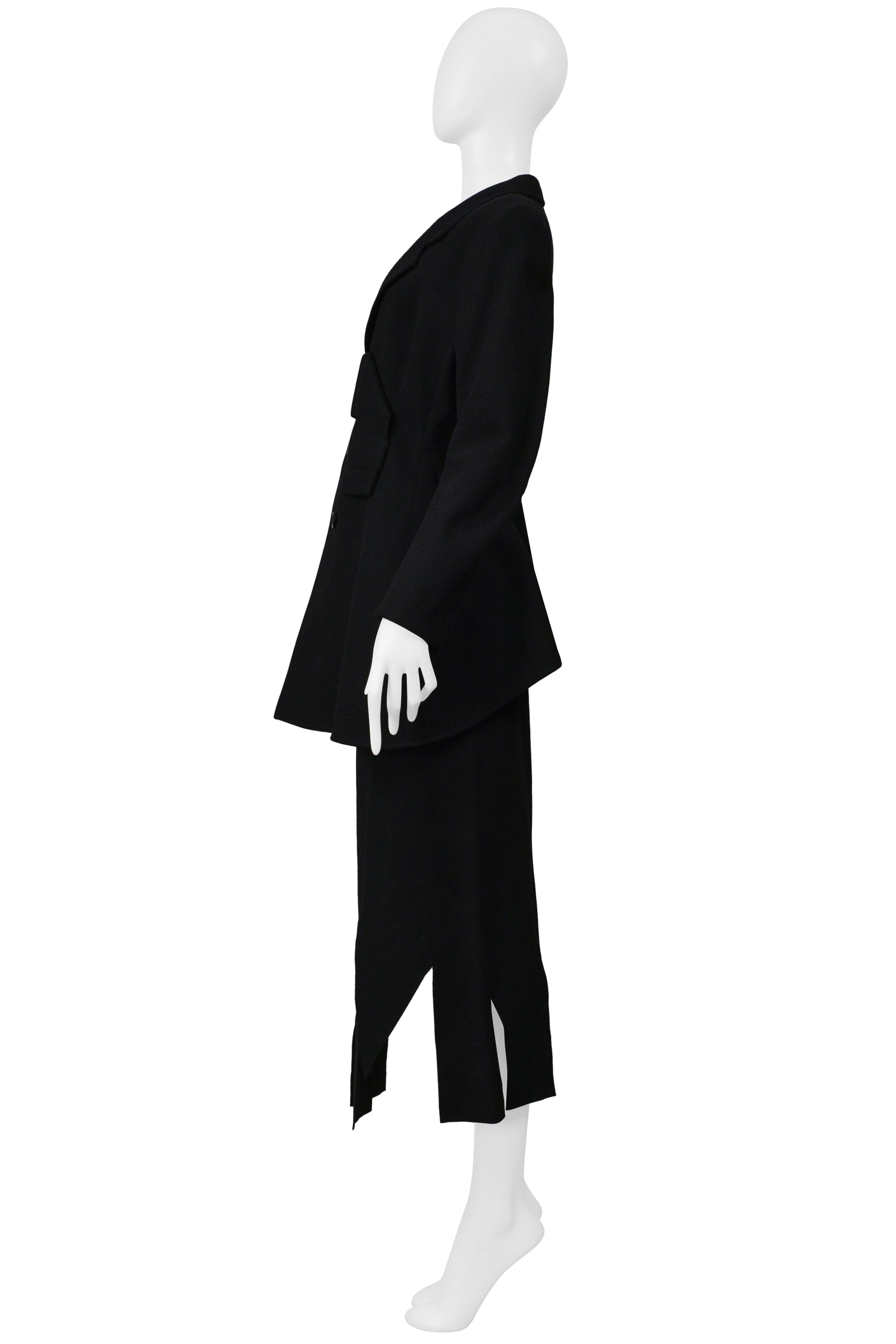 YOHJI YAMAMOTO BLACK JACKET AND SKIRT WITH FLAPS ENSEMBLE 1999