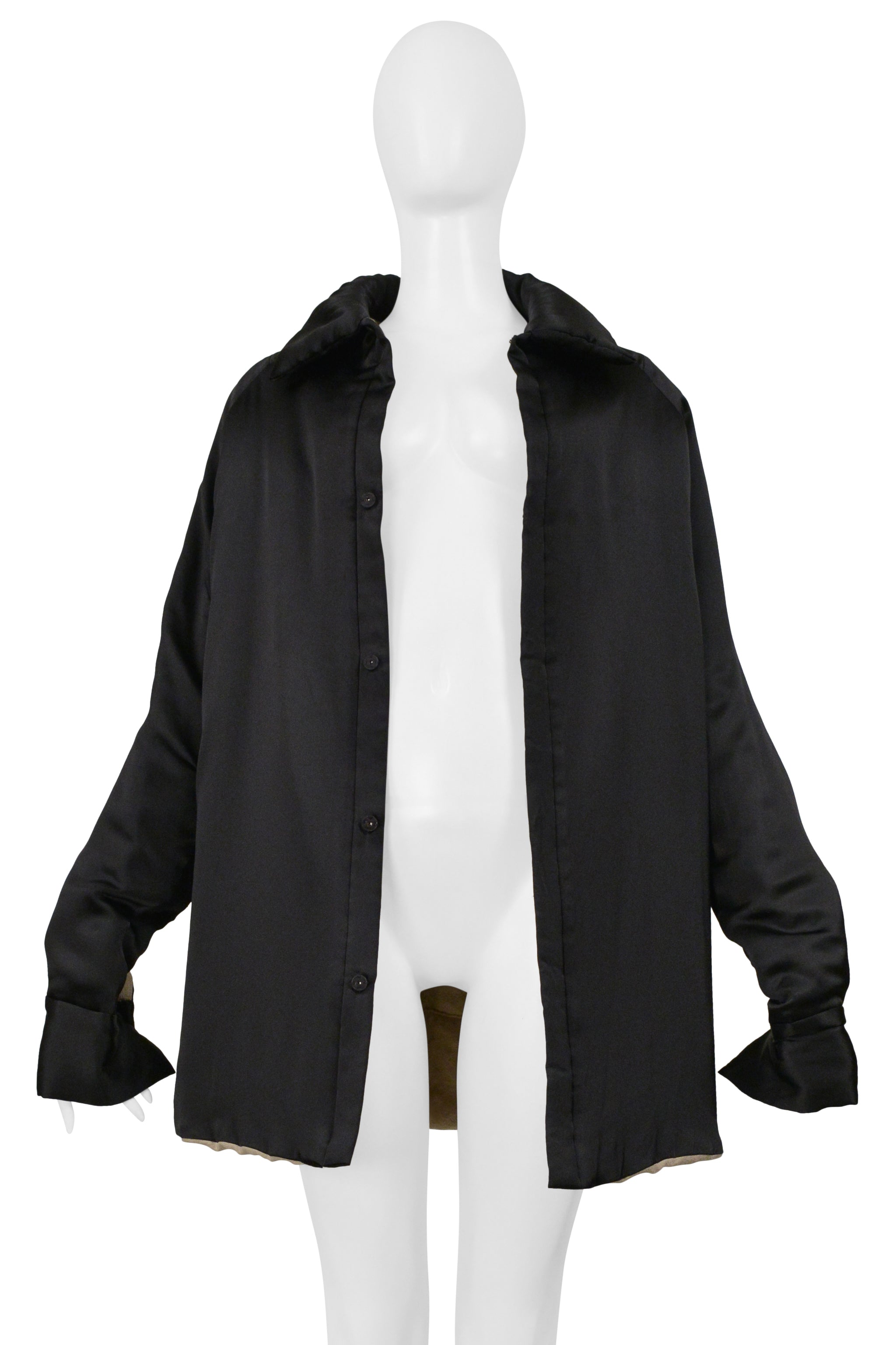 YOHJI YAMAMOTO BLACK SATIN LINEN COAT WITH COLLAR 2000