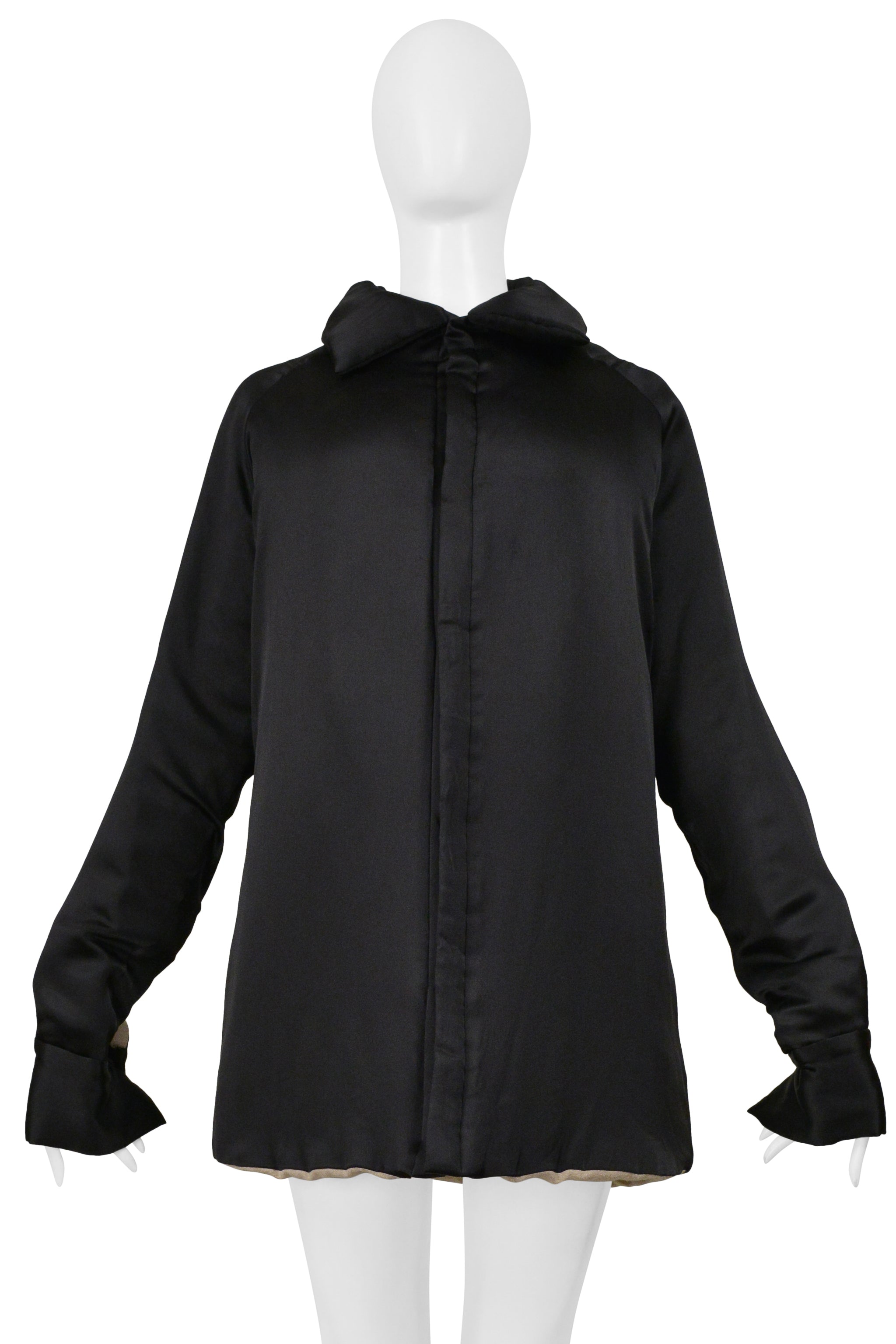 YOHJI YAMAMOTO BLACK SATIN LINEN COAT WITH COLLAR 2000