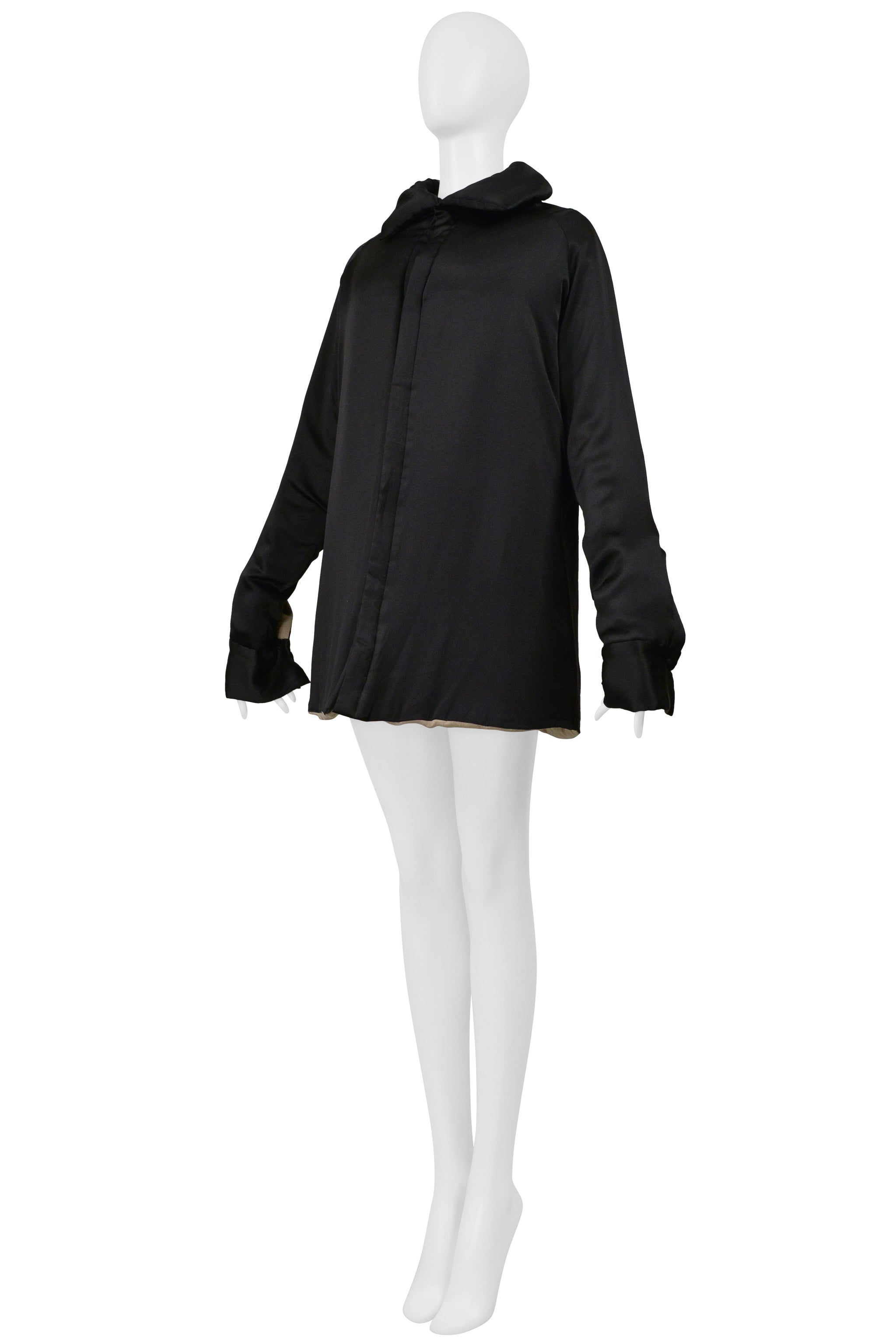 YOHJI YAMAMOTO BLACK SATIN LINEN COAT WITH COLLAR 2000