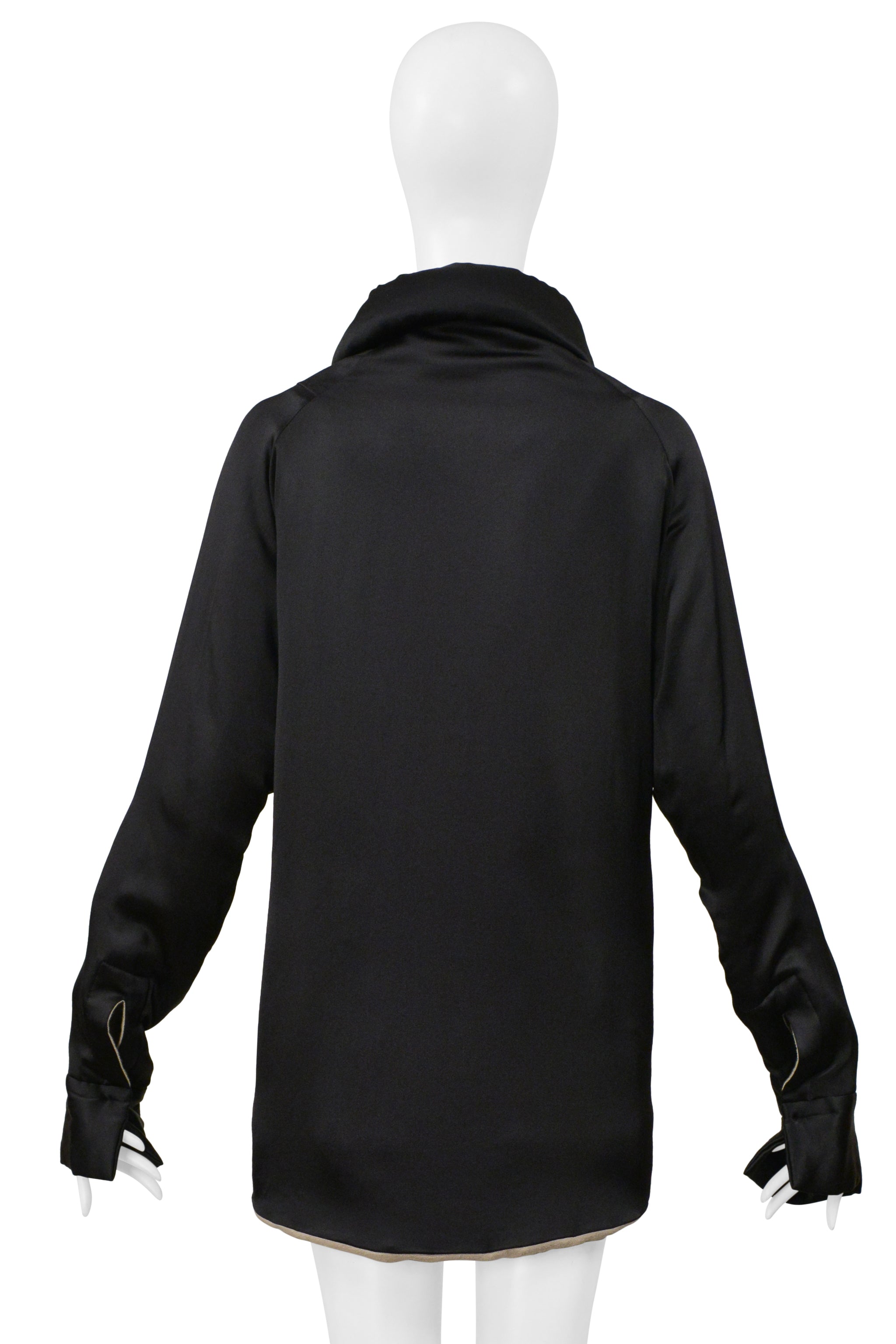YOHJI YAMAMOTO BLACK SATIN LINEN COAT WITH COLLAR 2000