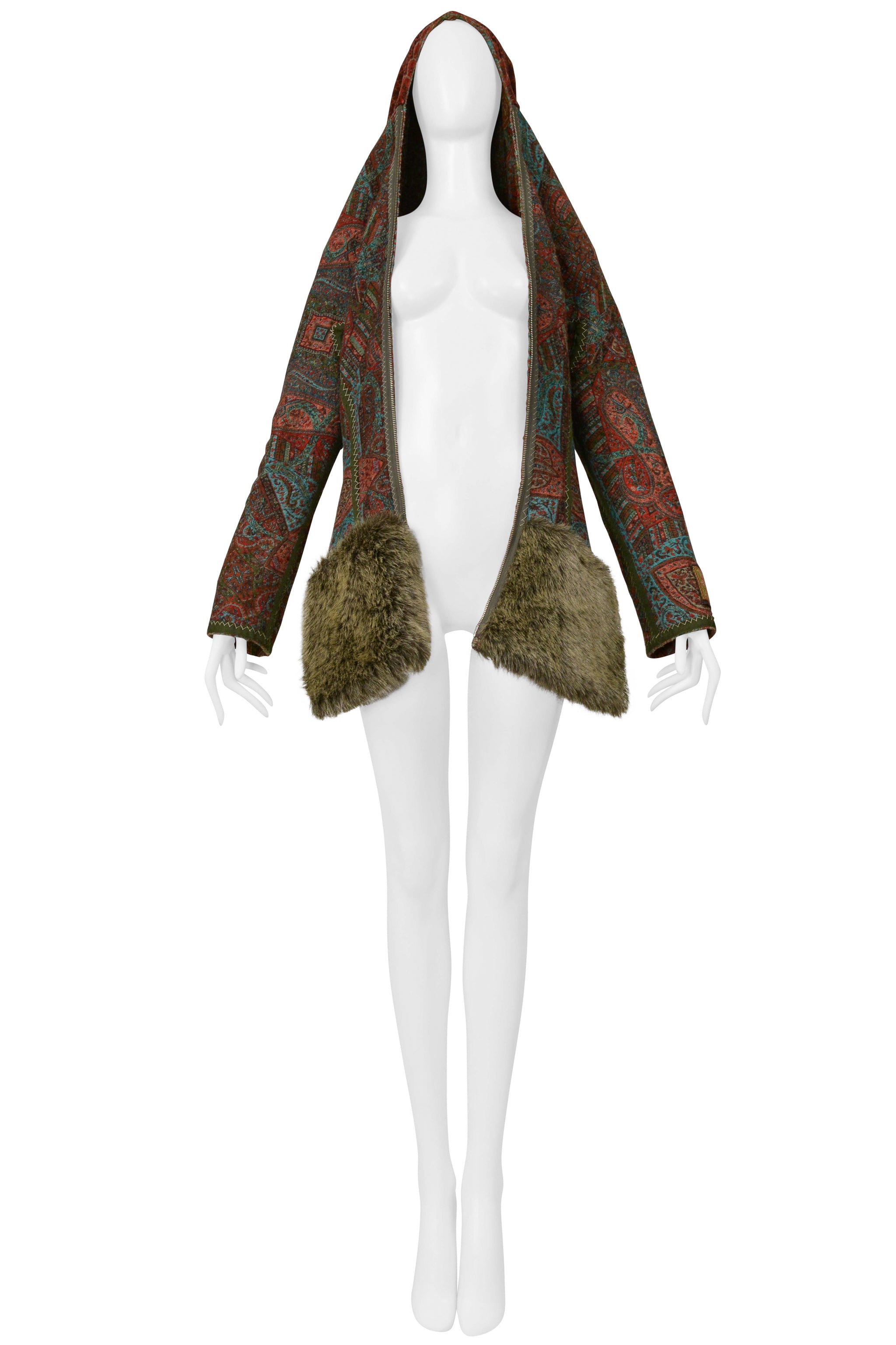 YOHJI YAMAMOTO 2000–01 MULTICOLOR KILIM-STYLE WOVEN JACKET WITH HOOD