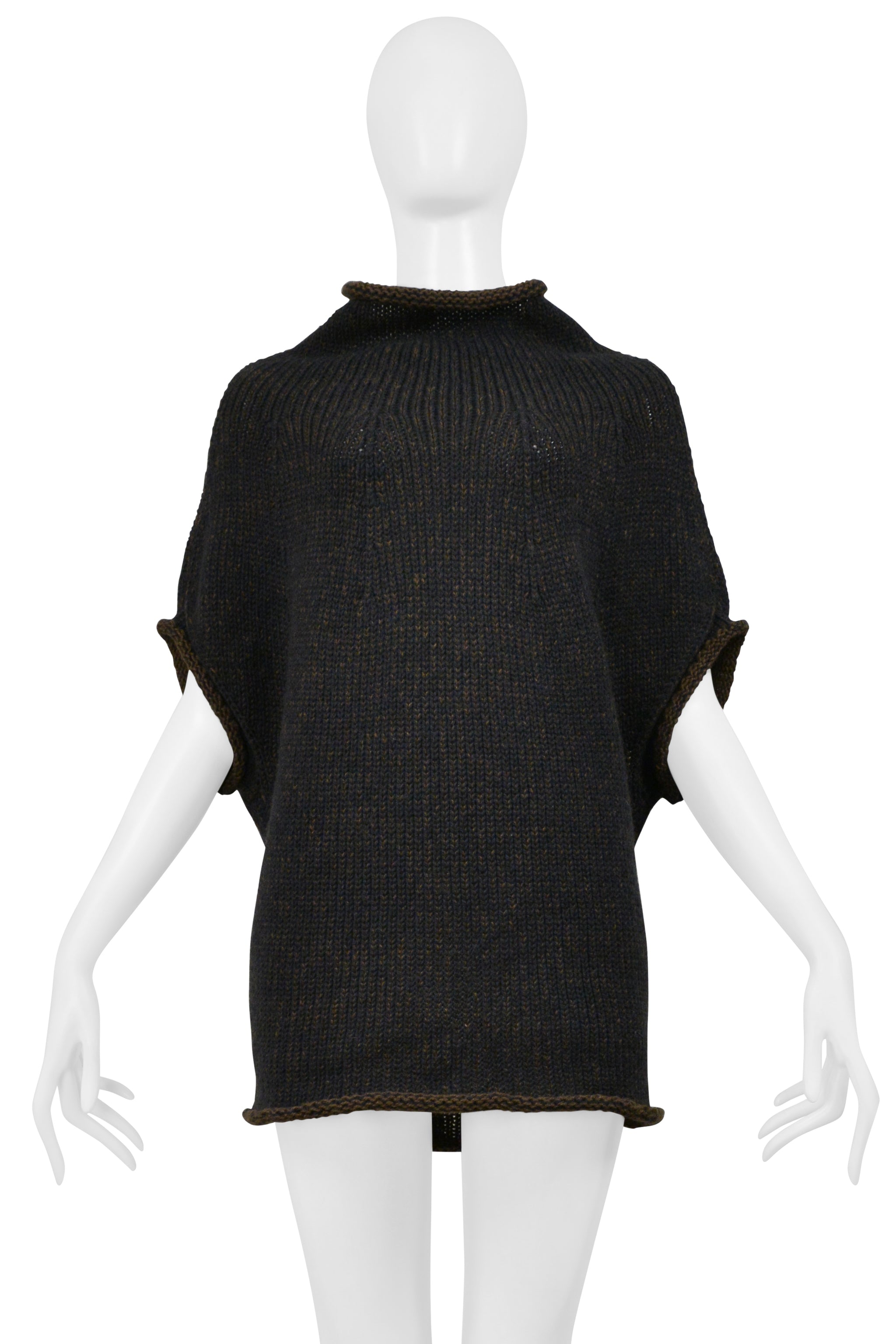 YOHJI YAMAMOTO OLIVE CHUNKY KNIT SWEATER WITH ROLLED COLLAR 2001-02